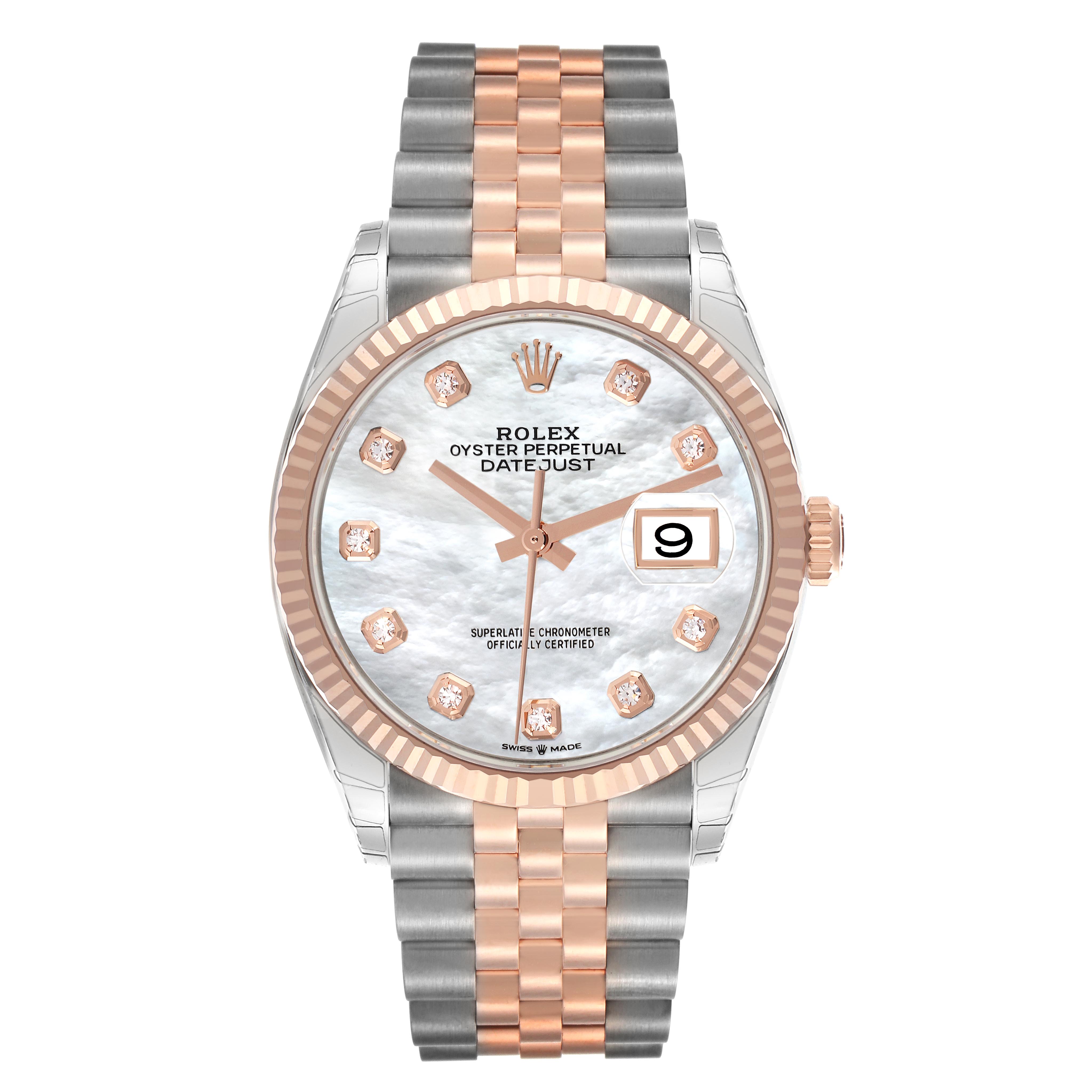The Rolex Datejust 126231 Men's Steel and Gold (two tone) Mother of Pearl Dial 126231 Men's Steel and Gold (two tone) Mother of Pearl Dial watch is shown from the front, featuring its dial, bezel, crown, and bracelet.