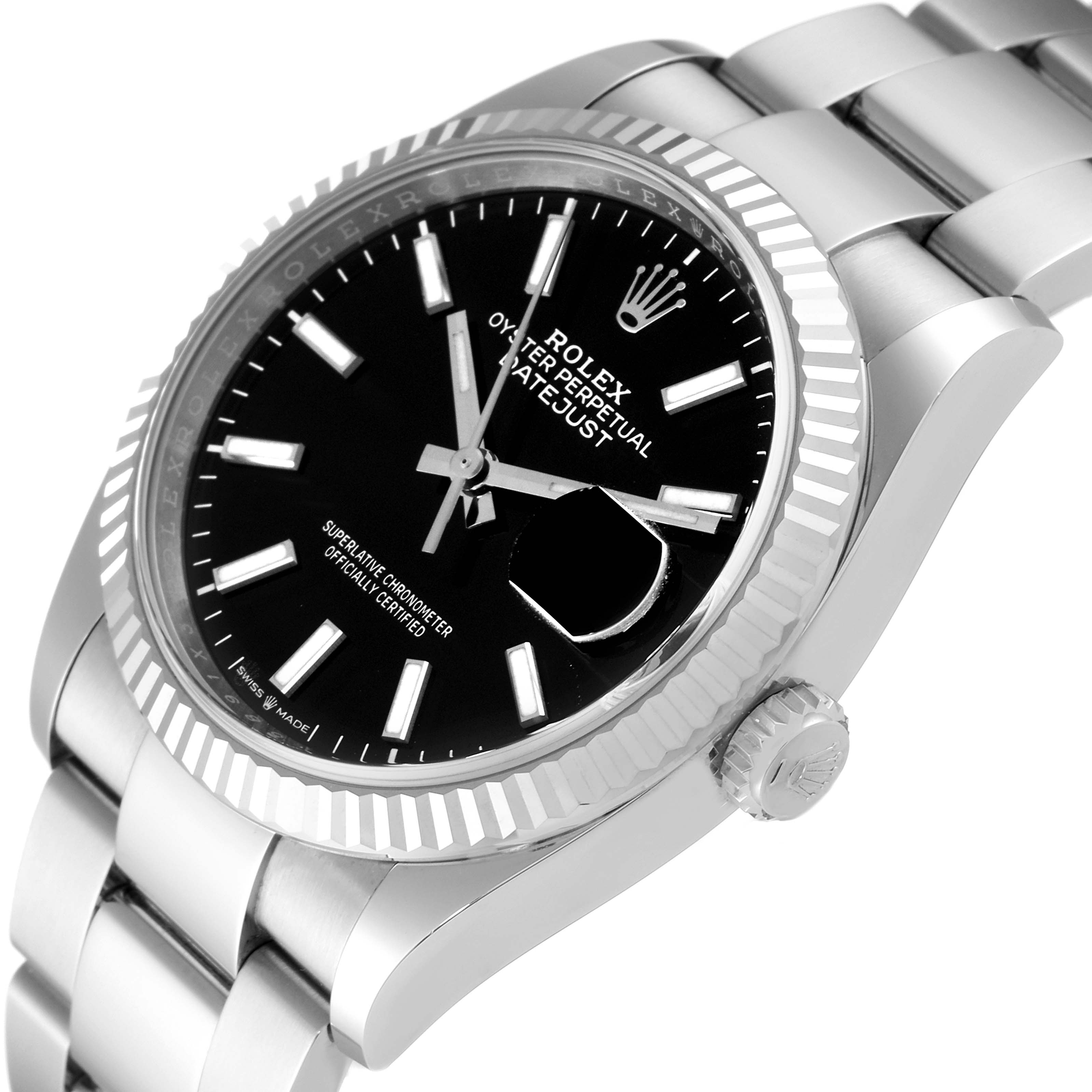 The Rolex Datejust 126234 Men's Stainless Steel Black Dial 126234 Men's Stainless Steel Black Dial watch is shown at an angle highlighting its dial, bezel, crown, and bracelet links.