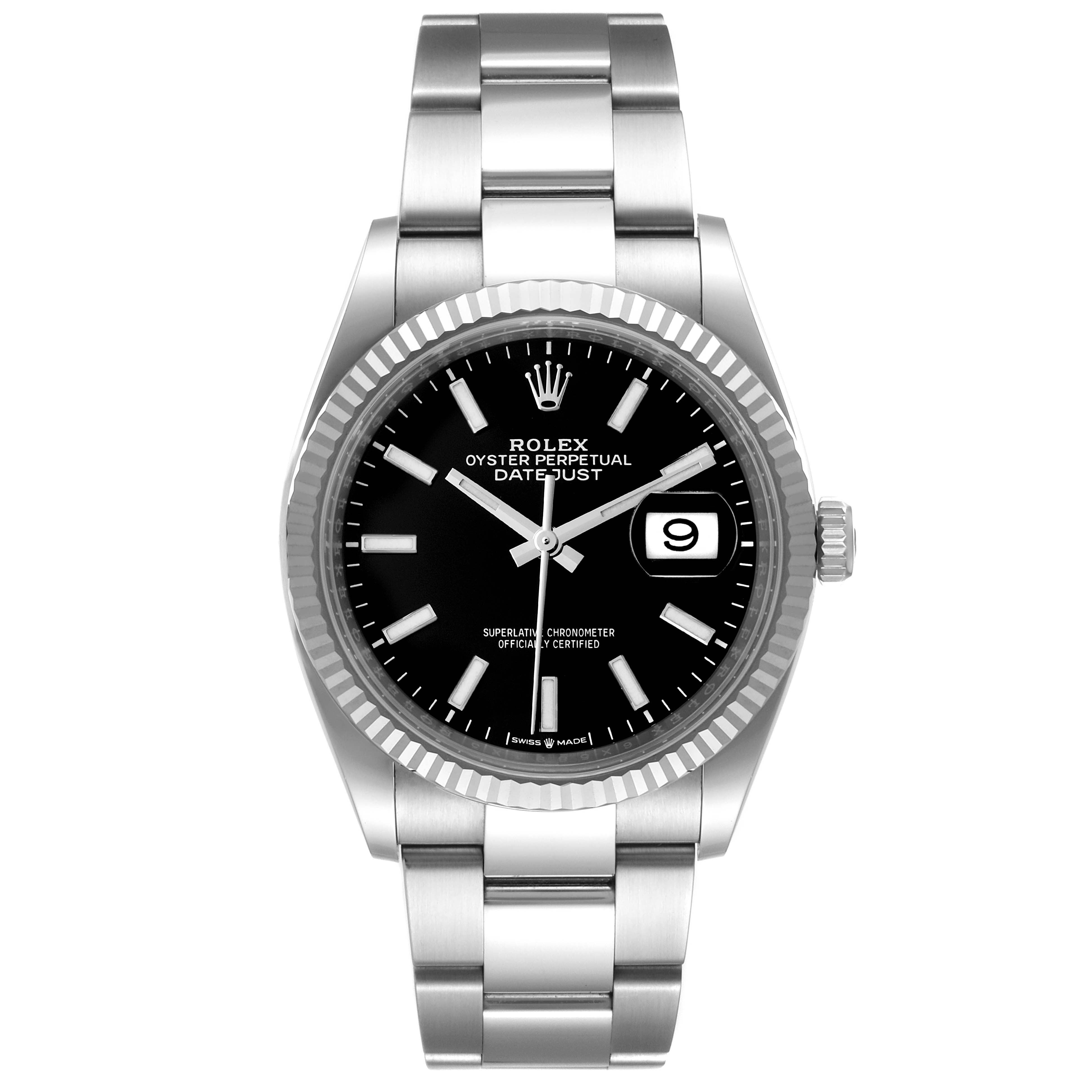 The image shows a front view of a Rolex Datejust 126234 Men's Stainless Steel Black Dial 126234 Men's Stainless Steel Black Dial watch displaying the dial, bezel, bracelet, and the date at 3 o'clock.