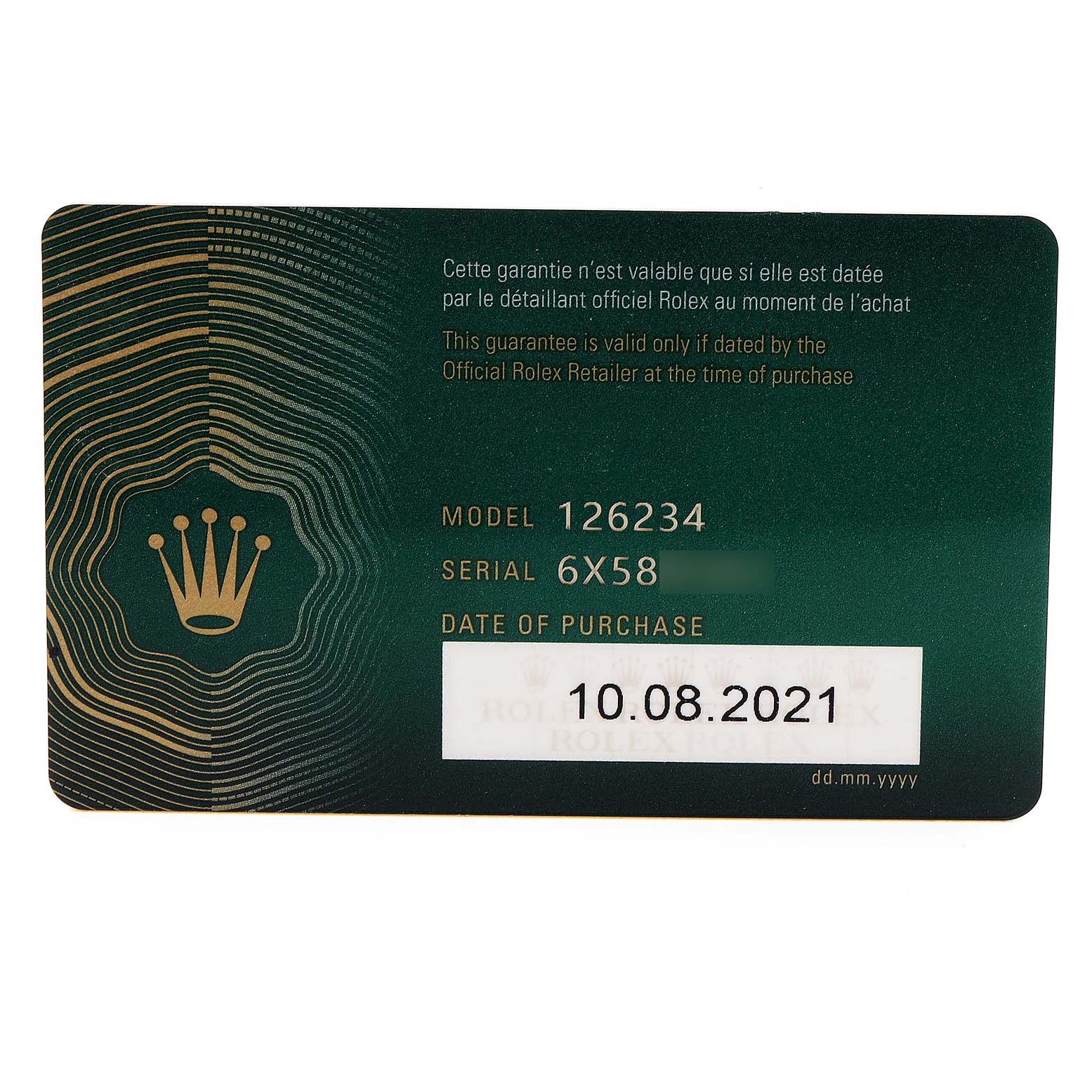 This is a warranty card for the Rolex Datejust 126234 Men's Stainless Steel Black Dial 126234 Men's Stainless Steel Black Dial model 126234, showing the serial number and date of purchase.