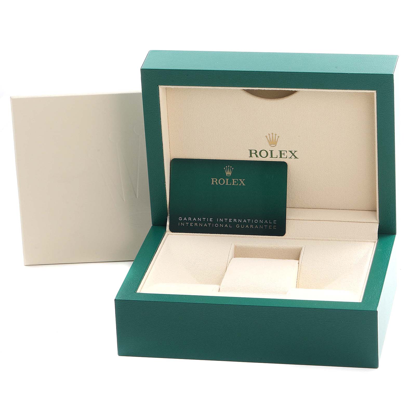 The image shows the open box and warranty card for a Rolex Datejust 126234 Men's Stainless Steel Black Dial 126234 Men's Stainless Steel Black Dial watch, viewed from the front.