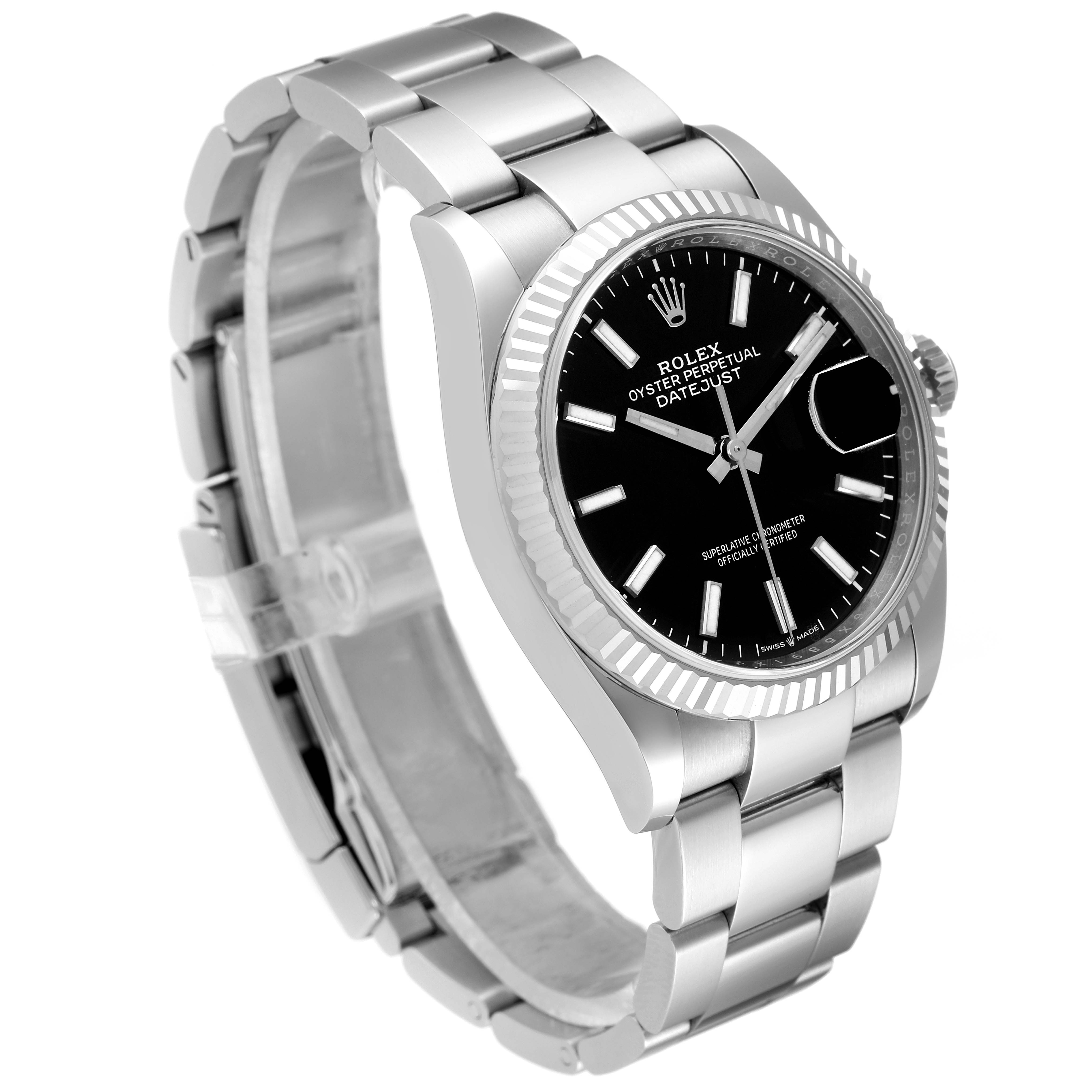 The Rolex Datejust 126234 Men's Stainless Steel Black Dial 126234 Men's Stainless Steel Black Dial watch is shown at an oblique angle, highlighting the dial, bezel, and bracelet.