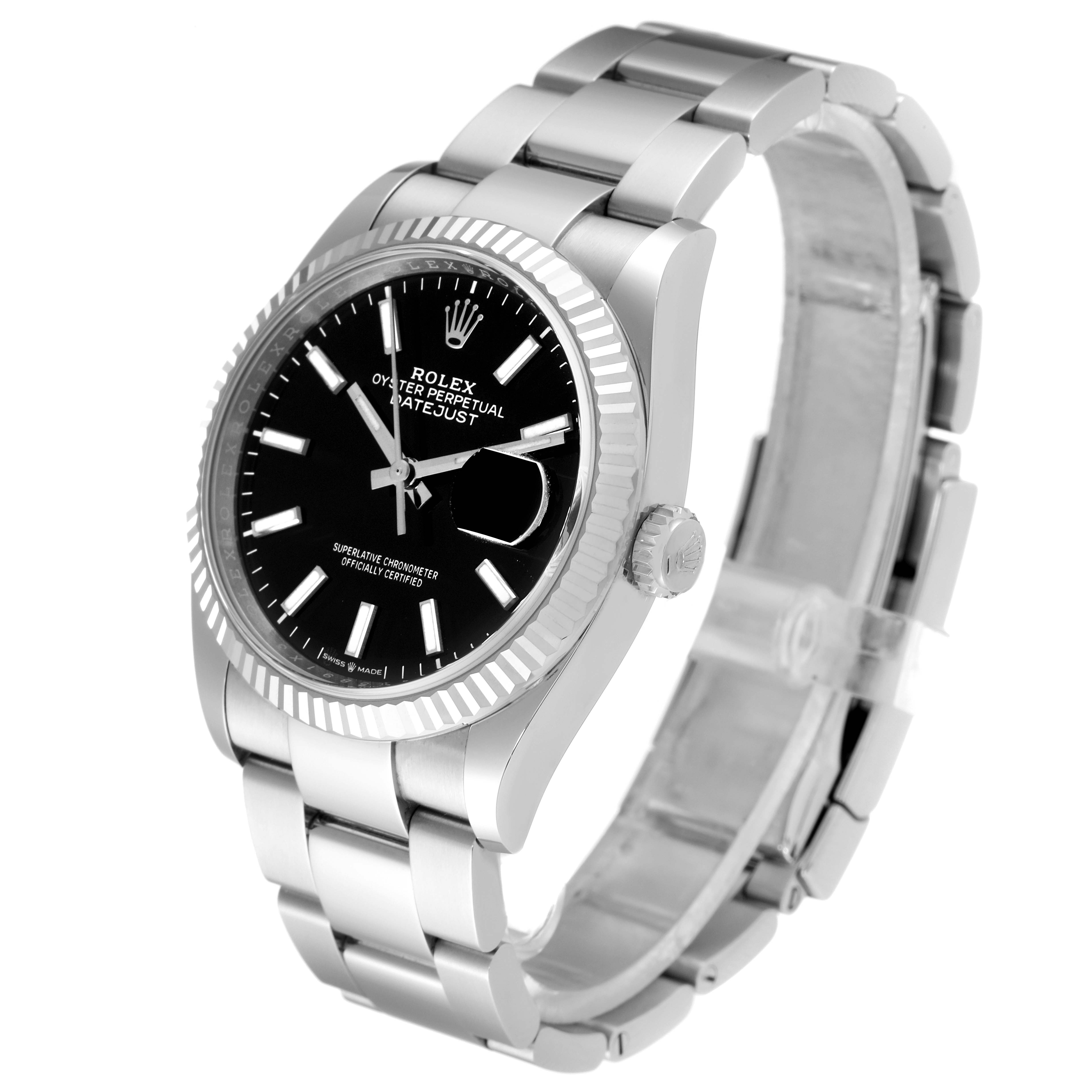 The image shows a side view of the Rolex Datejust 126234 Men's Stainless Steel Black Dial 126234 Men's Stainless Steel Black Dial model, highlighting the face, bracelet, and bezel.