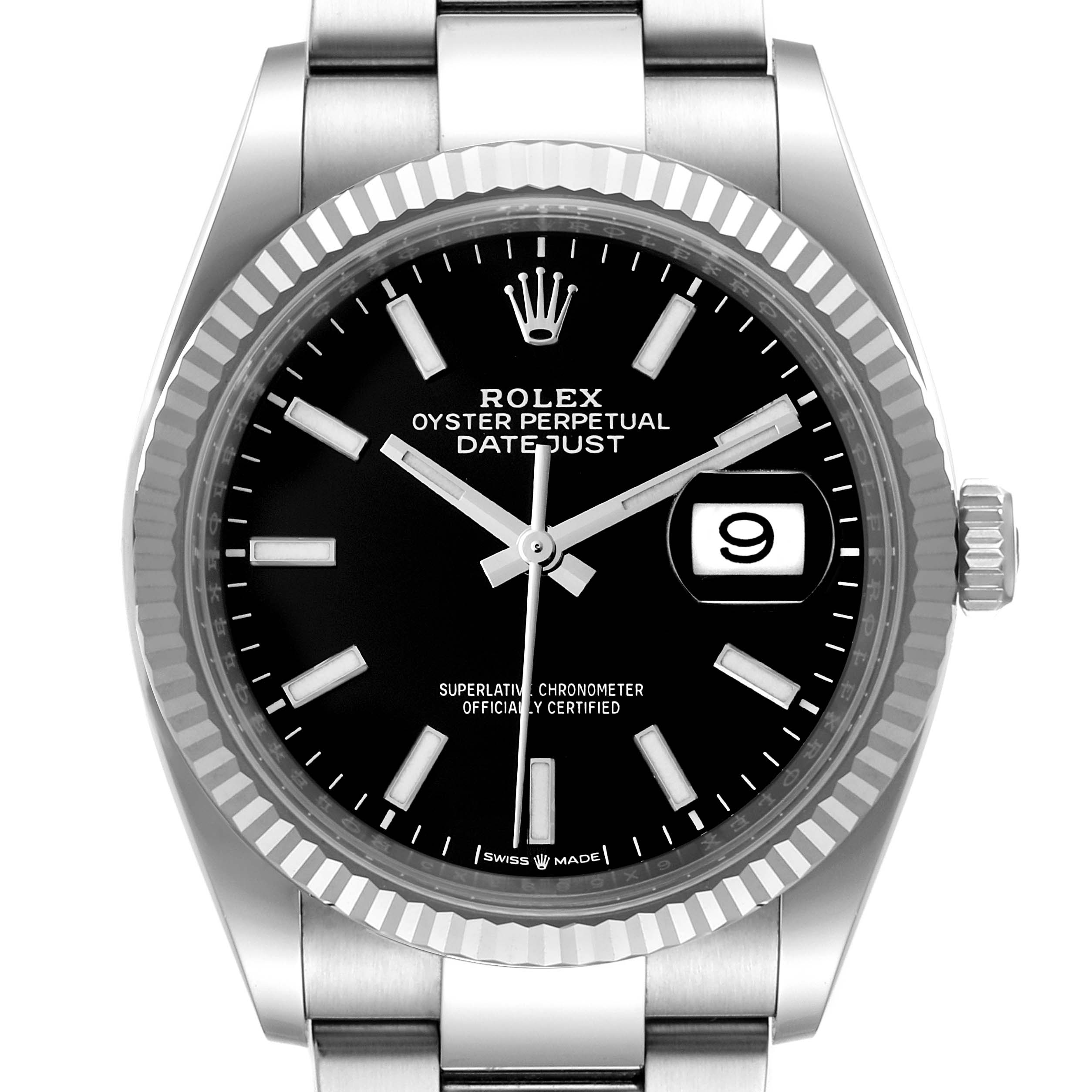 The image shows a front view of the Rolex Datejust 126234 Men's Stainless Steel Black Dial 126234 Men's Stainless Steel Black Dial watch, highlighting its black dial, fluted bezel, date window, and metal bracelet.