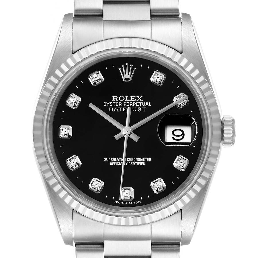 Rolex Datejust Steel White Gold Black Diamond Mens Watch 16234 Box Papers SwissWatchExpo