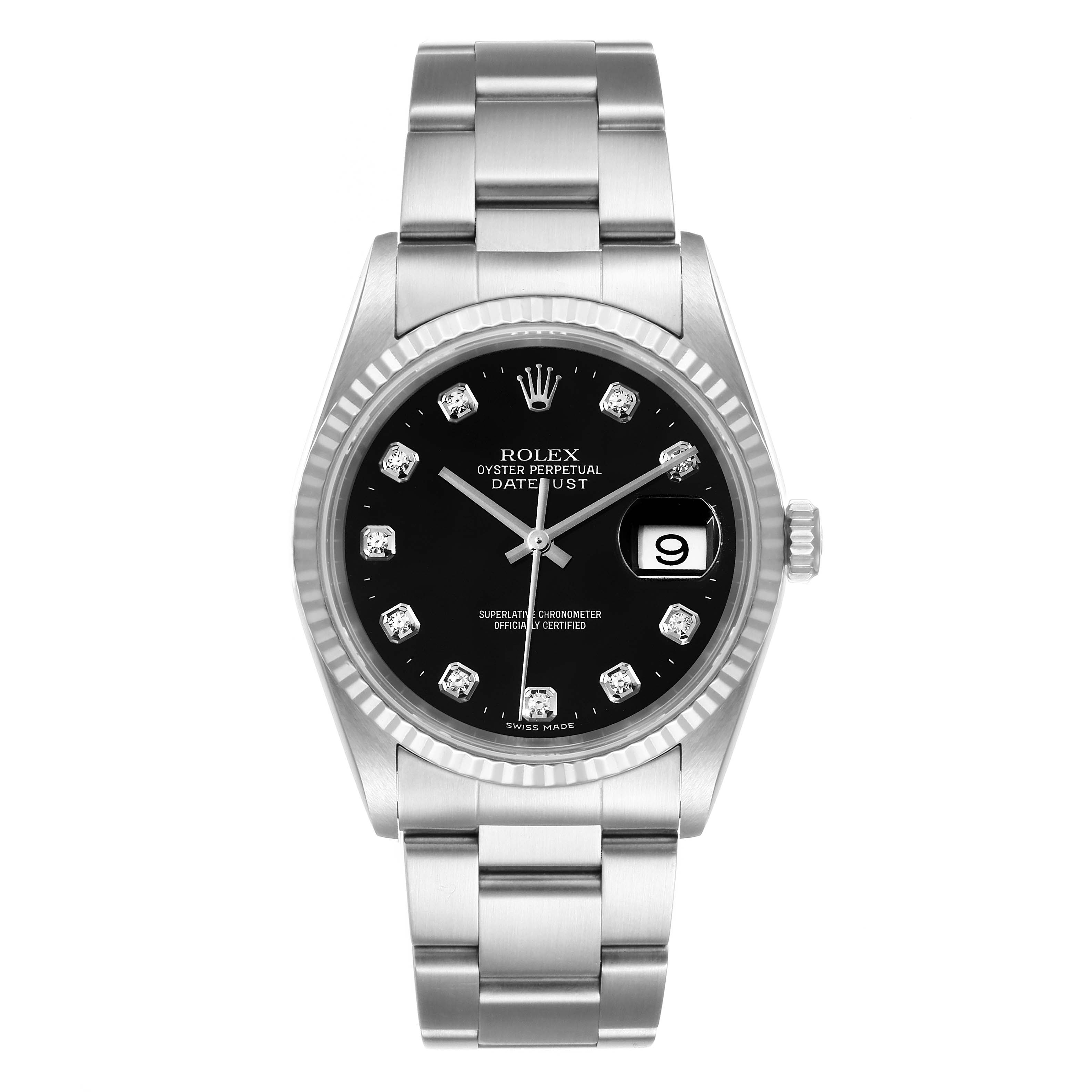 The image shows a front view of a Rolex Datejust 16234 Men
s Stainless Steel Black Dial 16234 Men
s Stainless Steel Black Dial watch, displaying the dial, bezel, and bracelet.
