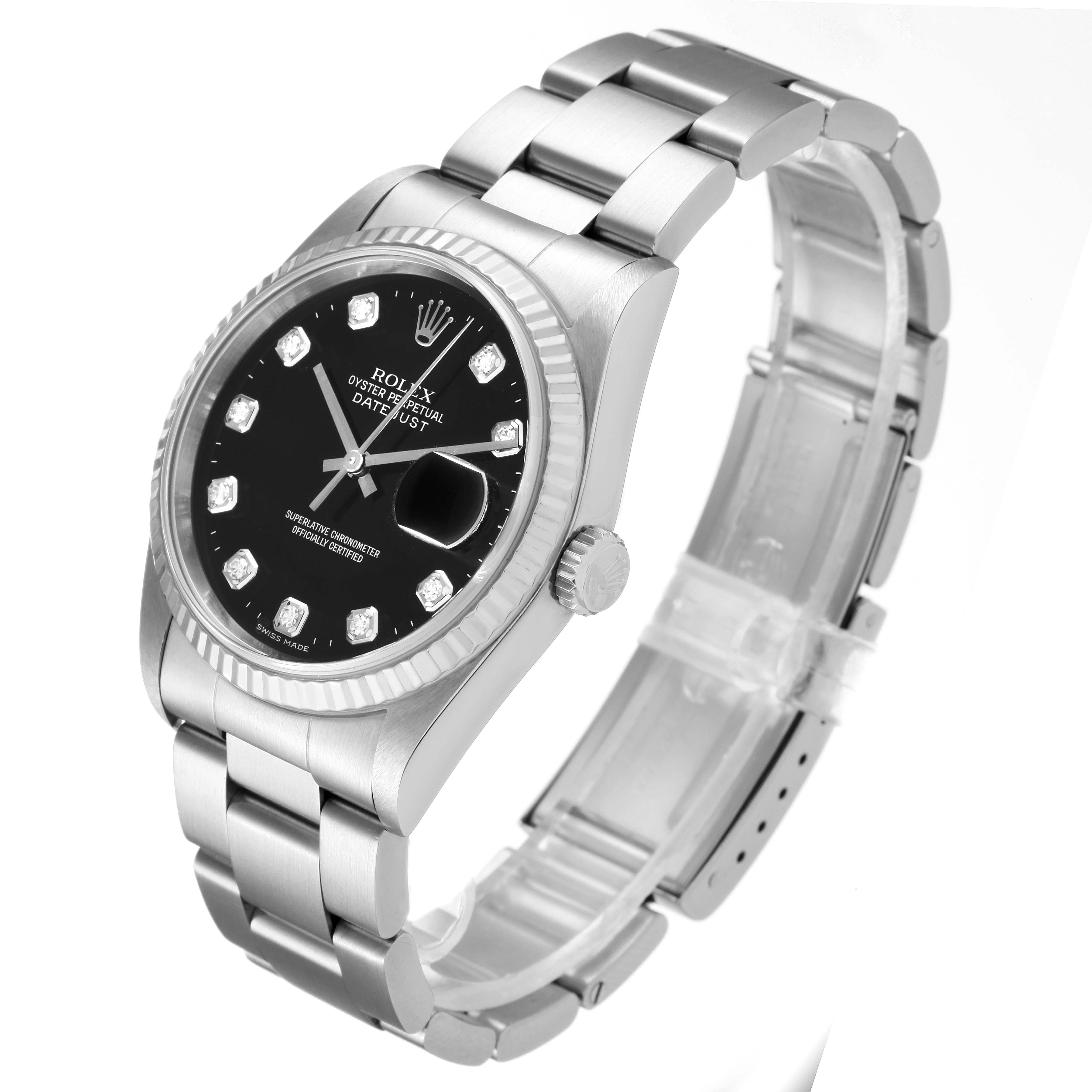 The Rolex Datejust 16234 Men
s Stainless Steel Black Dial 16234 Men
s Stainless Steel Black Dial watch is shown at a three-quarter front angle, highlighting its black dial, bezel, bracelet, and crown.