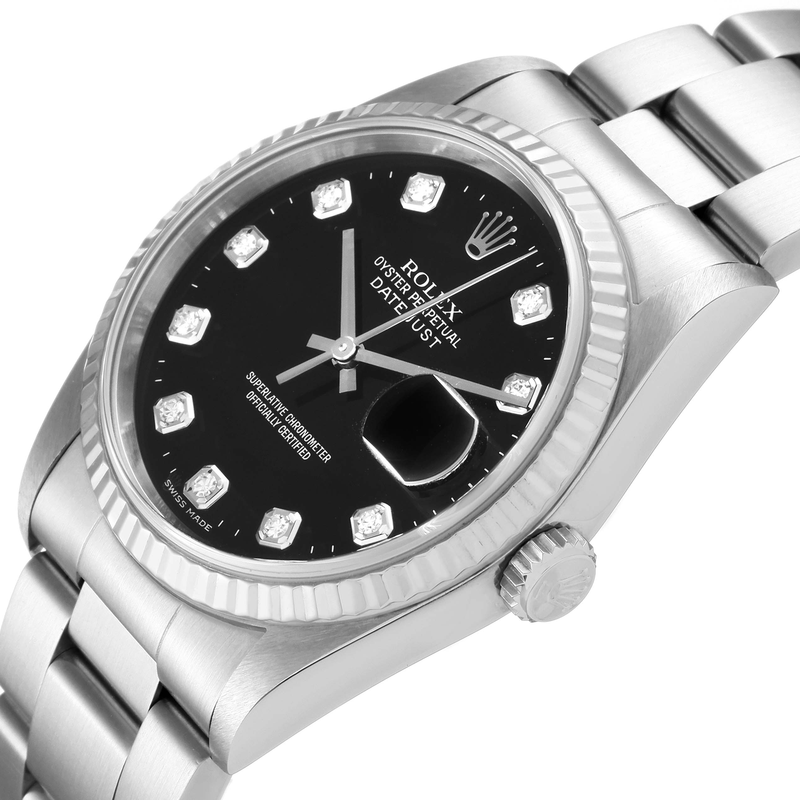 The image shows a Rolex Datejust 16234 Men
s Stainless Steel Black Dial 16234 Men
s Stainless Steel Black Dial watch at an angle, highlighting its dial, bezel, and part of the bracelet.