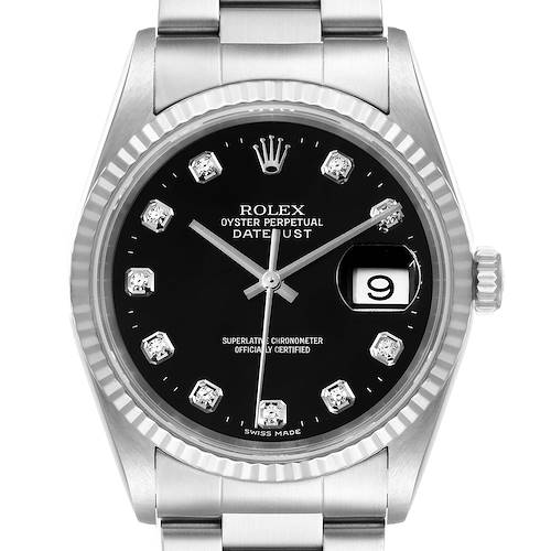Photo of Rolex Datejust Steel White Gold Black Diamond Mens Watch 16234 Box Papers