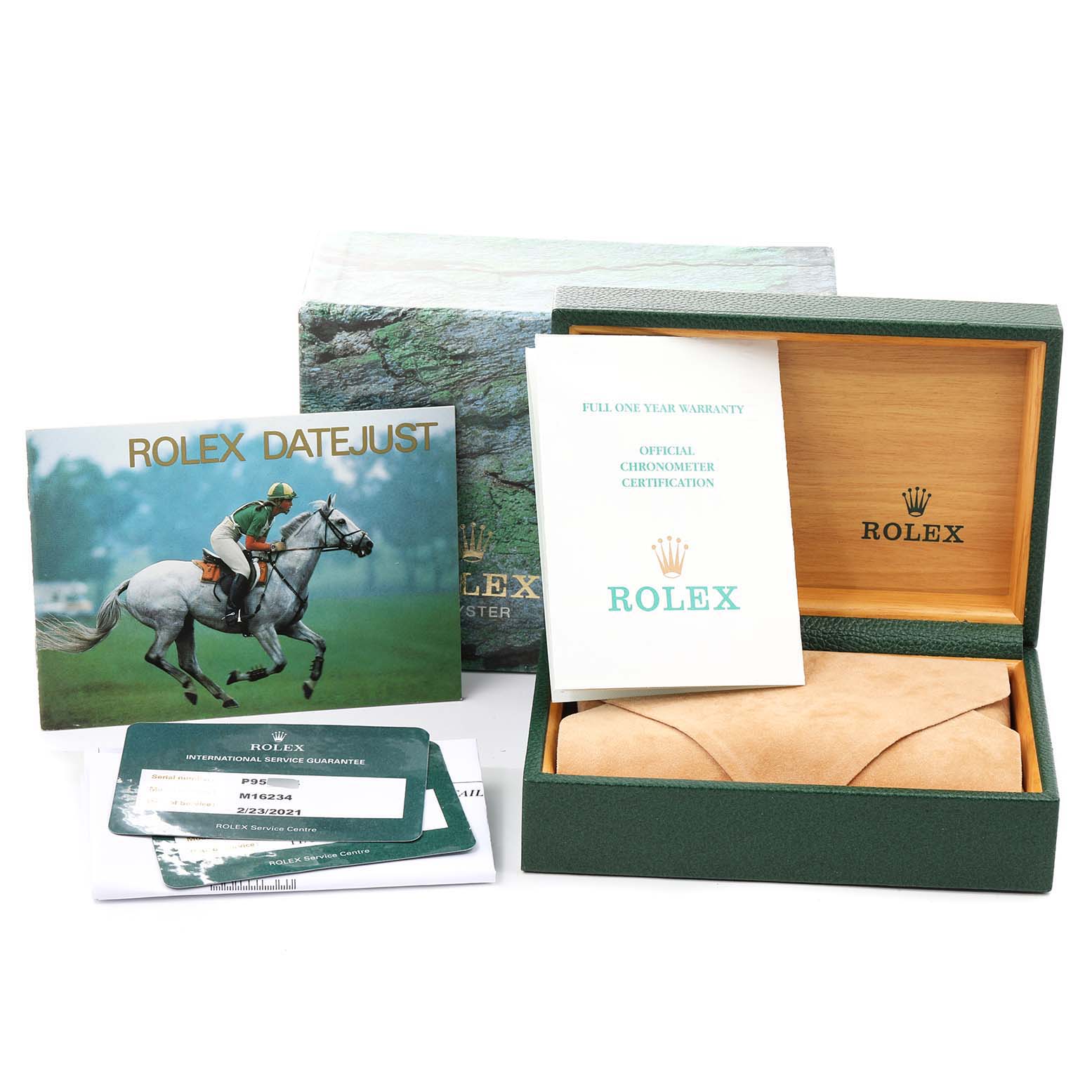 The image shows the packaging, warranty card, and manuals for the Rolex Datejust 16234 Men
s Stainless Steel Black Dial 16234 Men
s Stainless Steel Black Dial model.