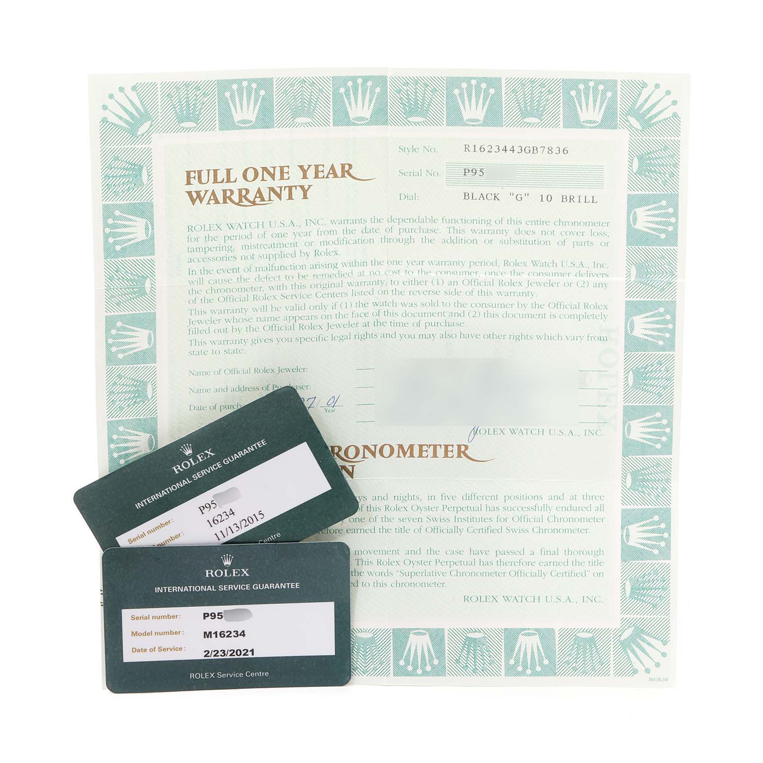 The image shows the warranty paperwork and service guarantee cards for a Rolex Datejust 16234 Men
s Stainless Steel Black Dial 16234 Men
s Stainless Steel Black Dial model.