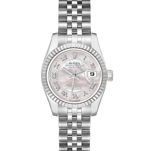 The Rolex Datejust watch is shown from a top-down angle, displaying the dial, bezel, bracelet, and date window.