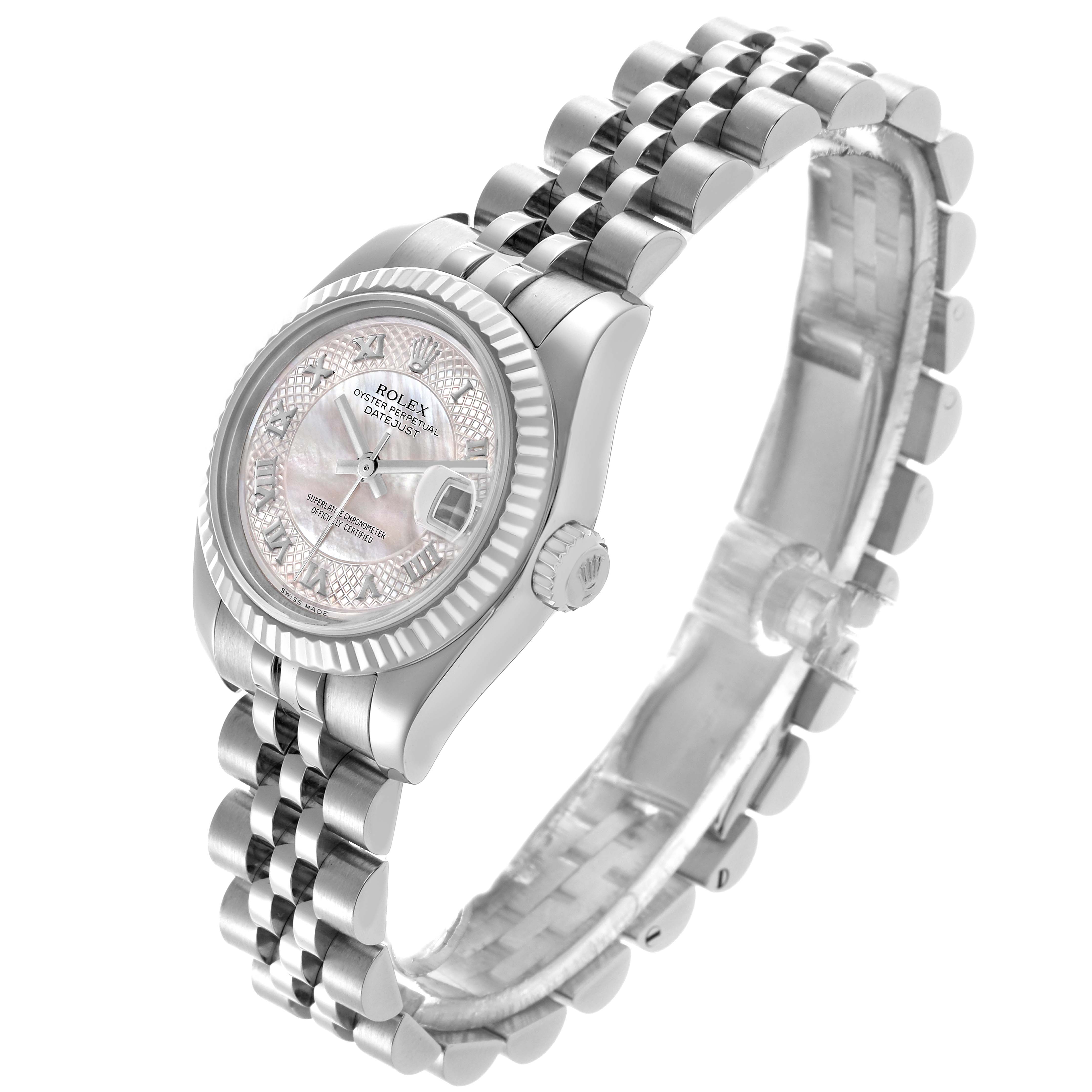The Rolex Datejust 179174 Women's Stainless Steel Mother of Pearl Dial 179174 Women's Stainless Steel Mother of Pearl Dial watch is shown at a side angle, highlighting the face, bezel, crown, and bracelet.