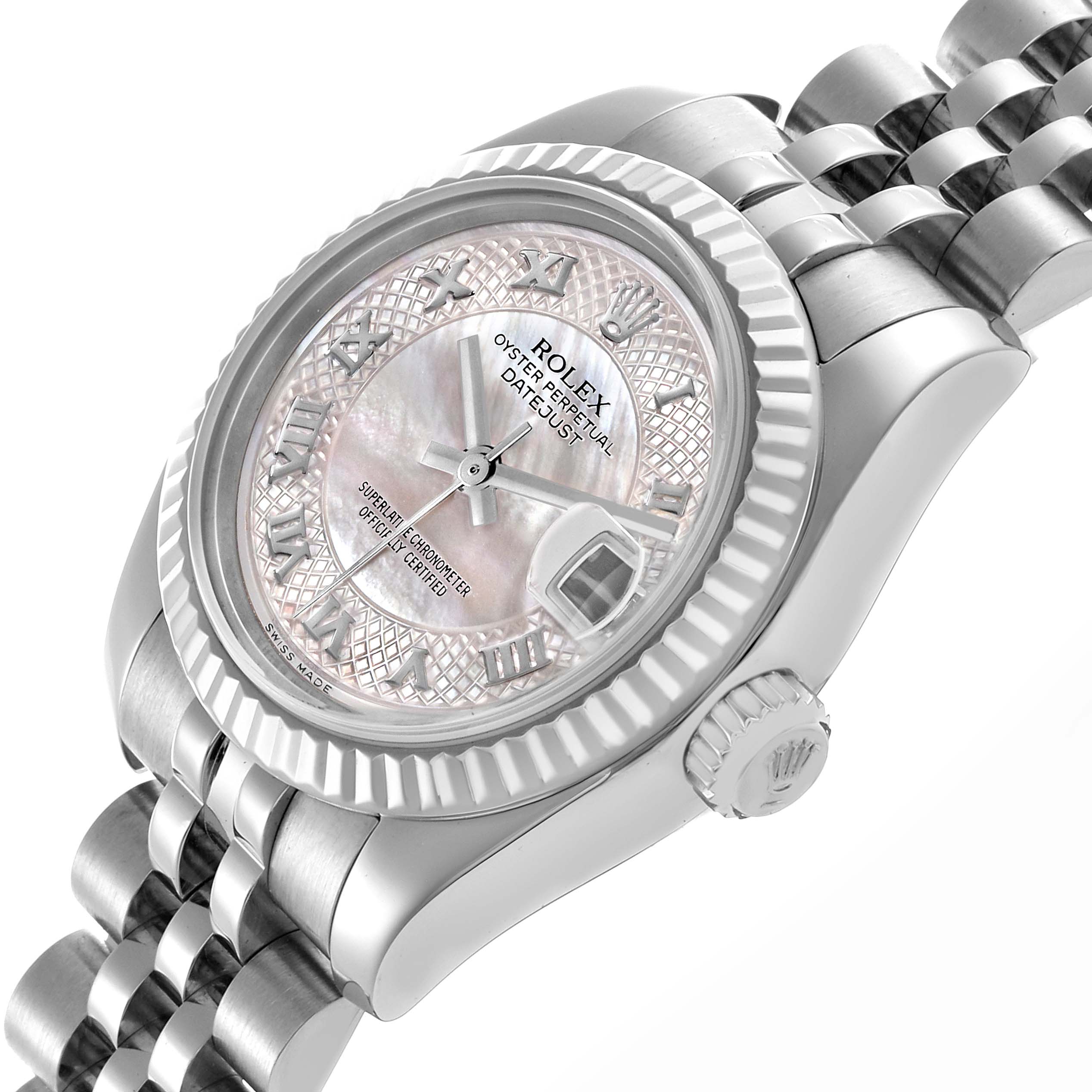 The Rolex Datejust 179174 Women's Stainless Steel Mother of Pearl Dial 179174 Women's Stainless Steel Mother of Pearl Dial watch is shown at a tilted angle, highlighting the dial, bezel, and part of the bracelet.