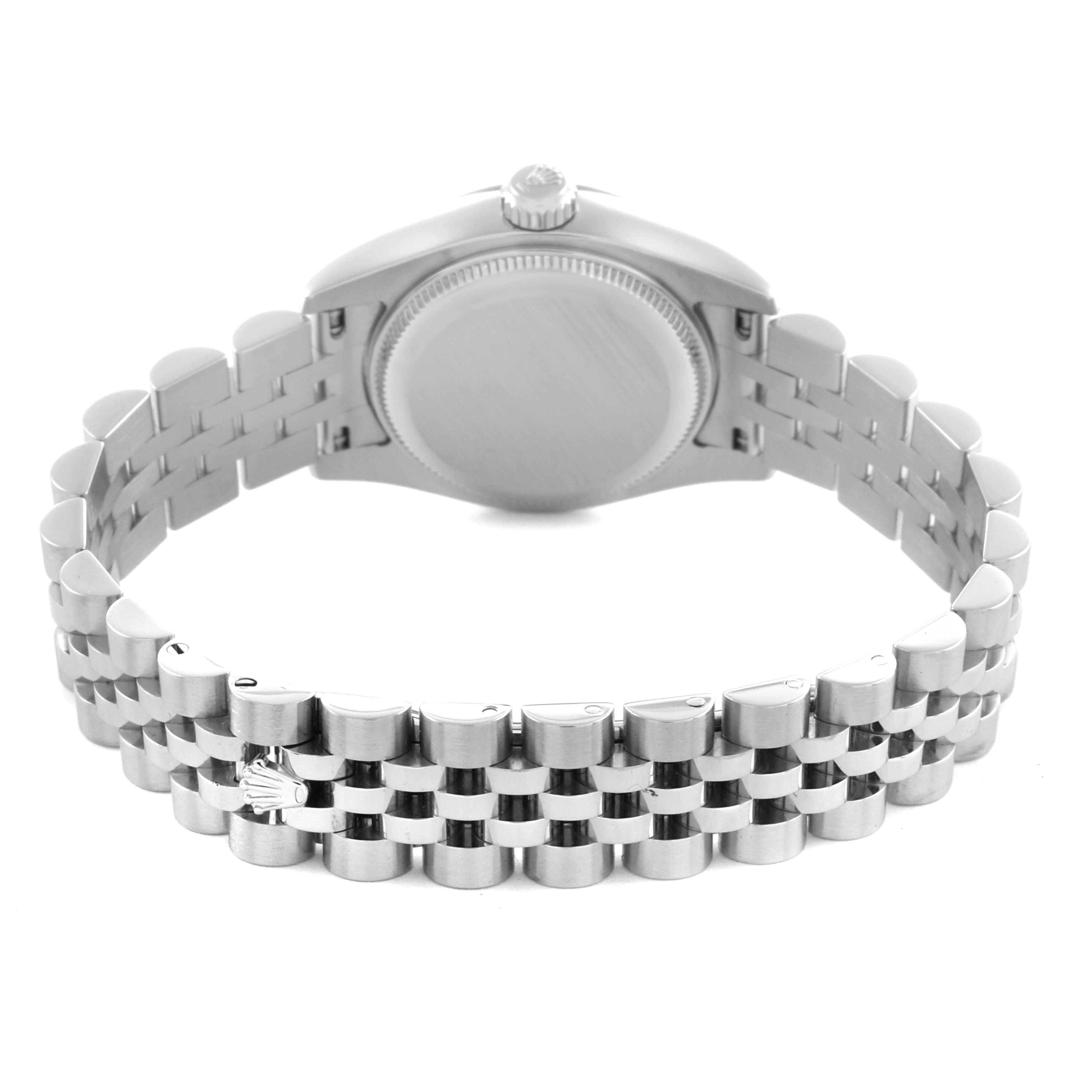 The Rolex Datejust 179174 Women's Stainless Steel Mother of Pearl Dial 179174 Women's Stainless Steel Mother of Pearl Dial is shown from the back, highlighting the watch case and Jubilee bracelet.