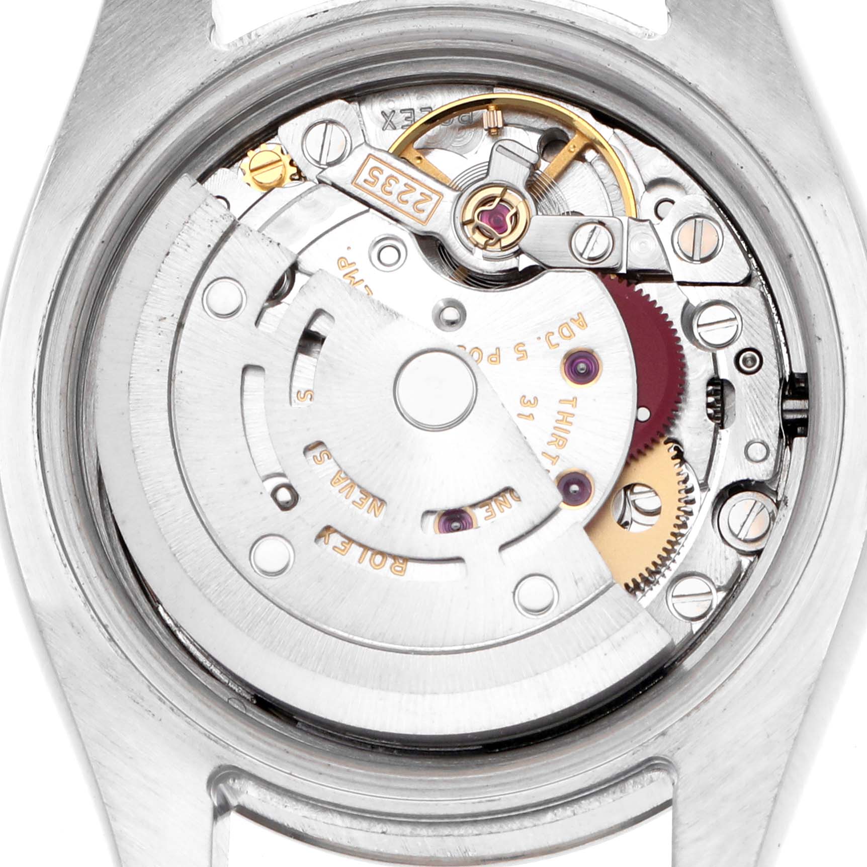 The image shows the back view of the Rolex Datejust 179174 Women's Stainless Steel Mother of Pearl Dial 179174 Women's Stainless Steel Mother of Pearl Dial, displaying its movement components.