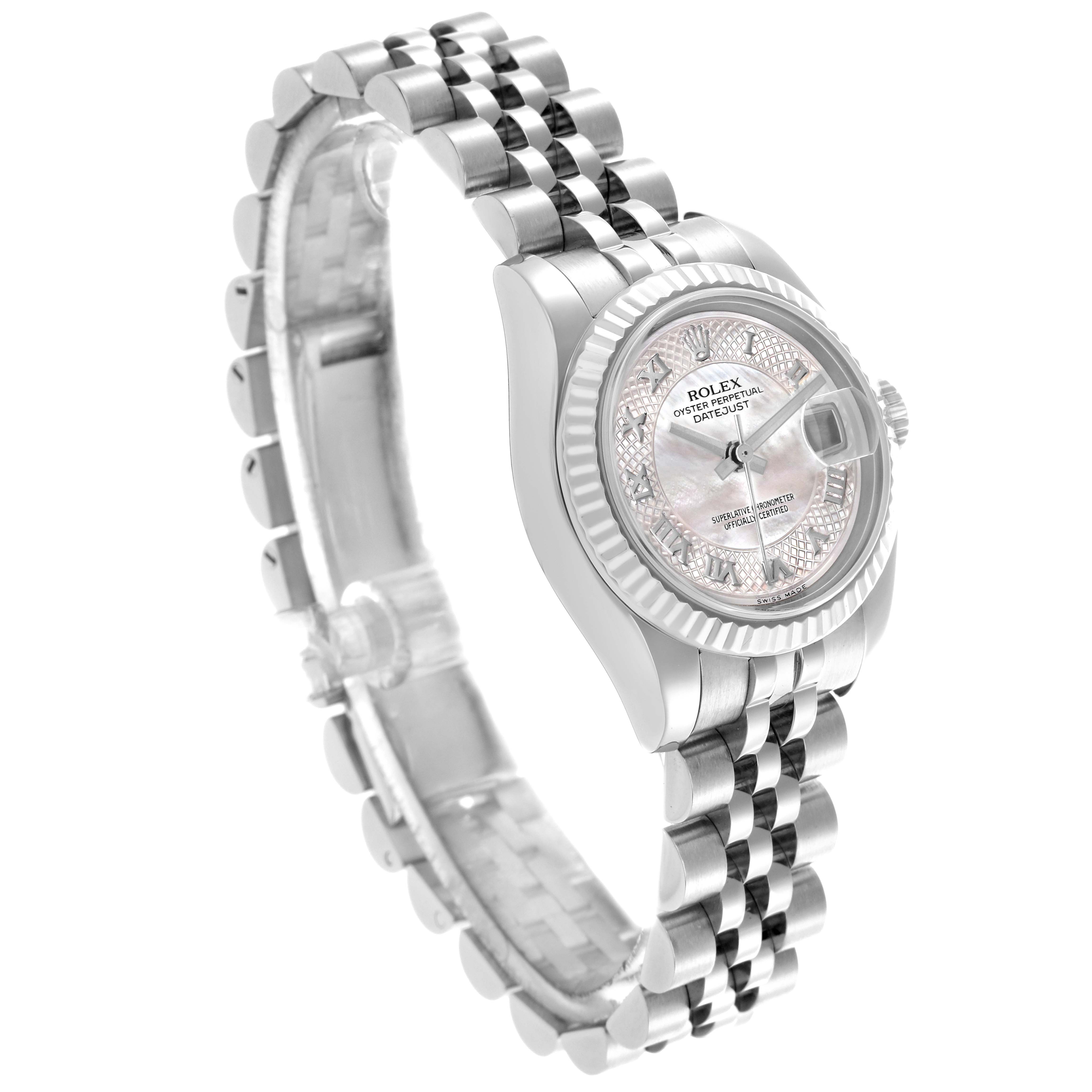 The Rolex Datejust 179174 Women's Stainless Steel Mother of Pearl Dial 179174 Women's Stainless Steel Mother of Pearl Dial watch is shown at a three-quarter angle, displaying the face, bezel, and bracelet clearly.