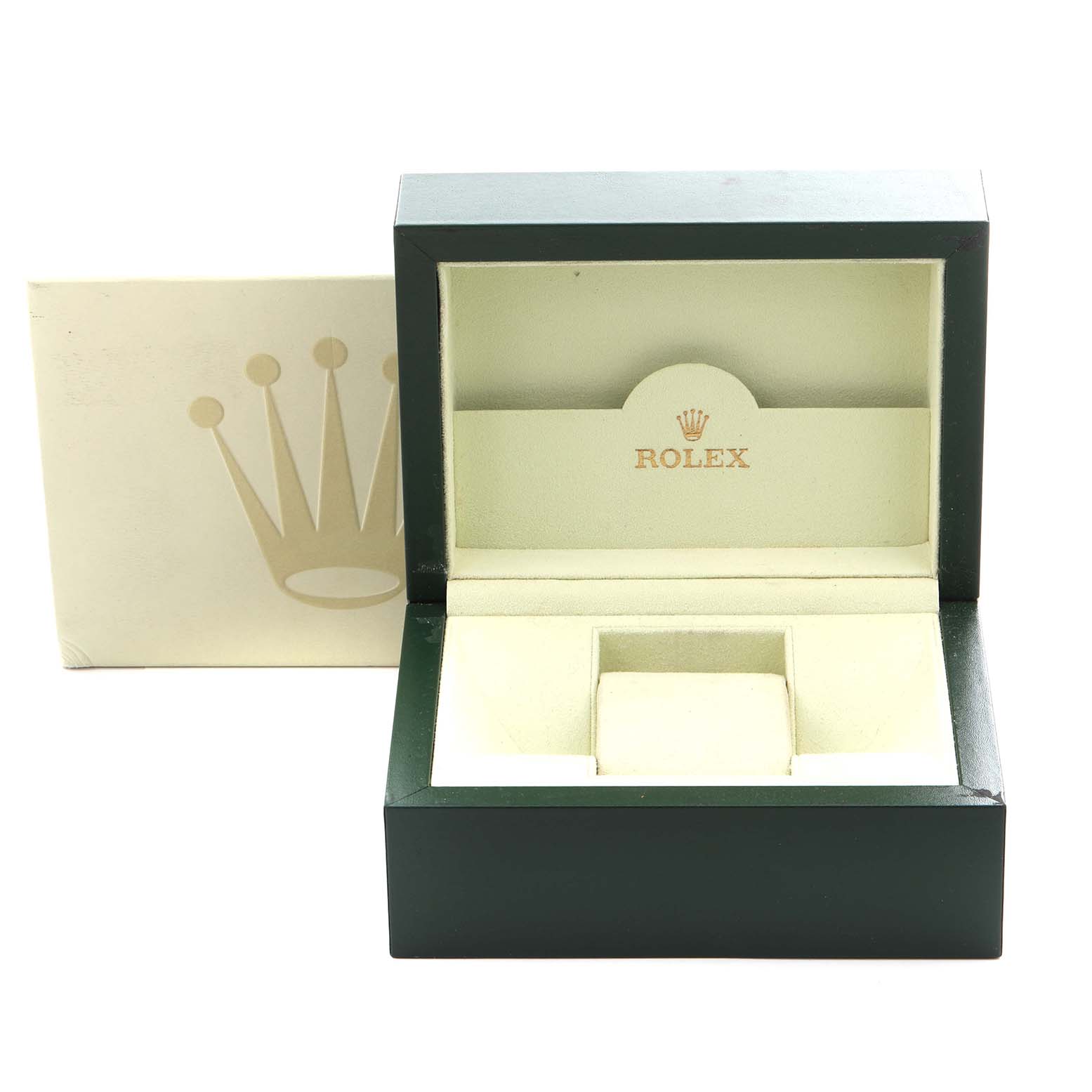 The image shows an open Rolex Datejust 179174 Women's Stainless Steel Mother of Pearl Dial 179174 Women's Stainless Steel Mother of Pearl Dial watch box with green exterior and cream interior, featuring the Rolex logo.