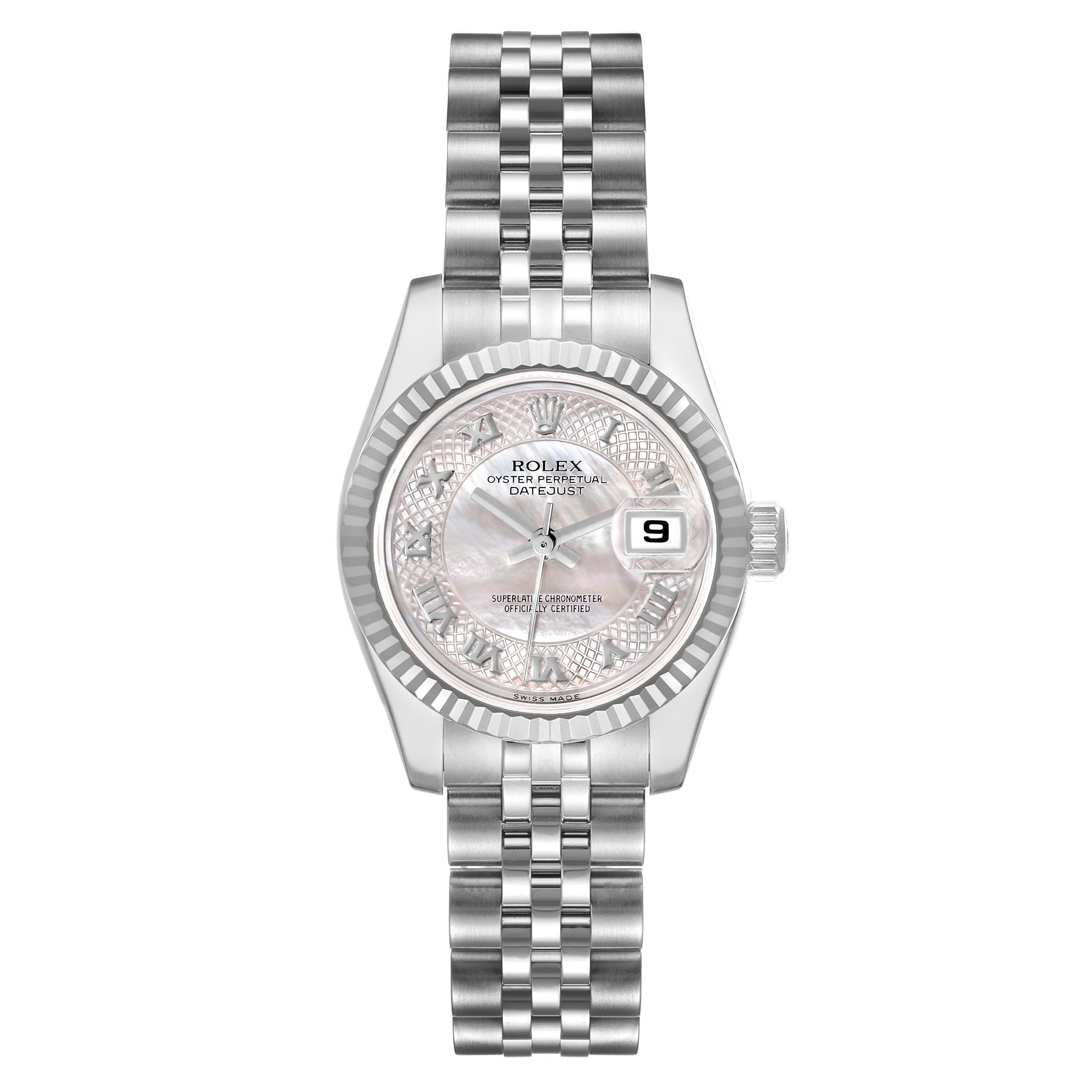 The Rolex Datejust 179174 Women's Stainless Steel Mother of Pearl Dial 179174 Women's Stainless Steel Mother of Pearl Dial watch is shown from a top-down angle, highlighting the face, bezel, and bracelet.