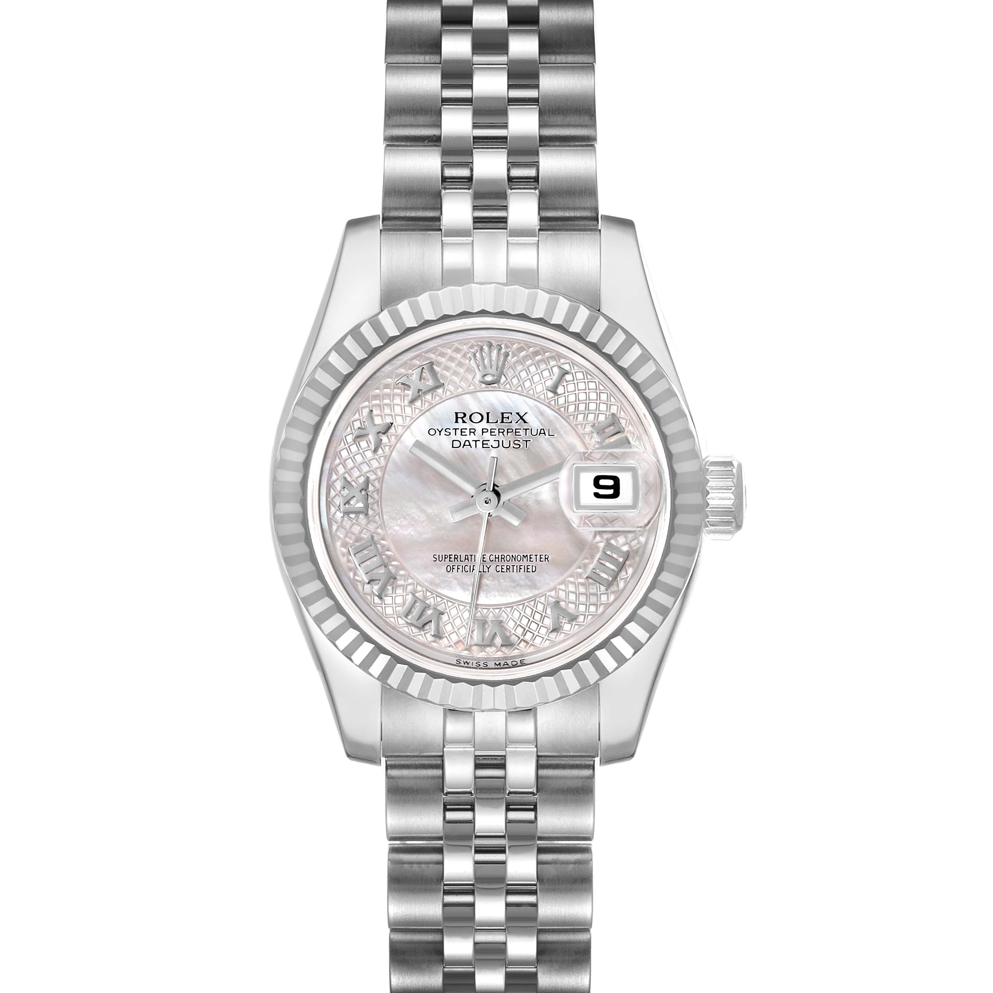The Rolex Datejust 179174 Women's Stainless Steel Mother of Pearl Dial 179174 Women's Stainless Steel Mother of Pearl Dial watch is shown from a front angle, displaying the dial, bezel, bracelet, and date window.