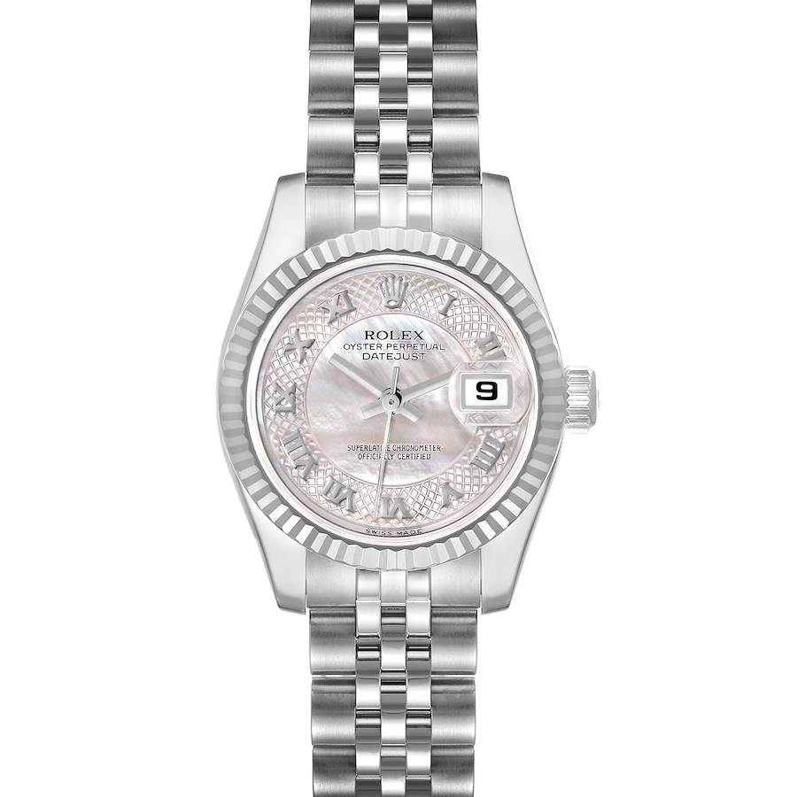 The Rolex Datejust watch is shown from a front angle, displaying the dial, bezel, bracelet, and date window.