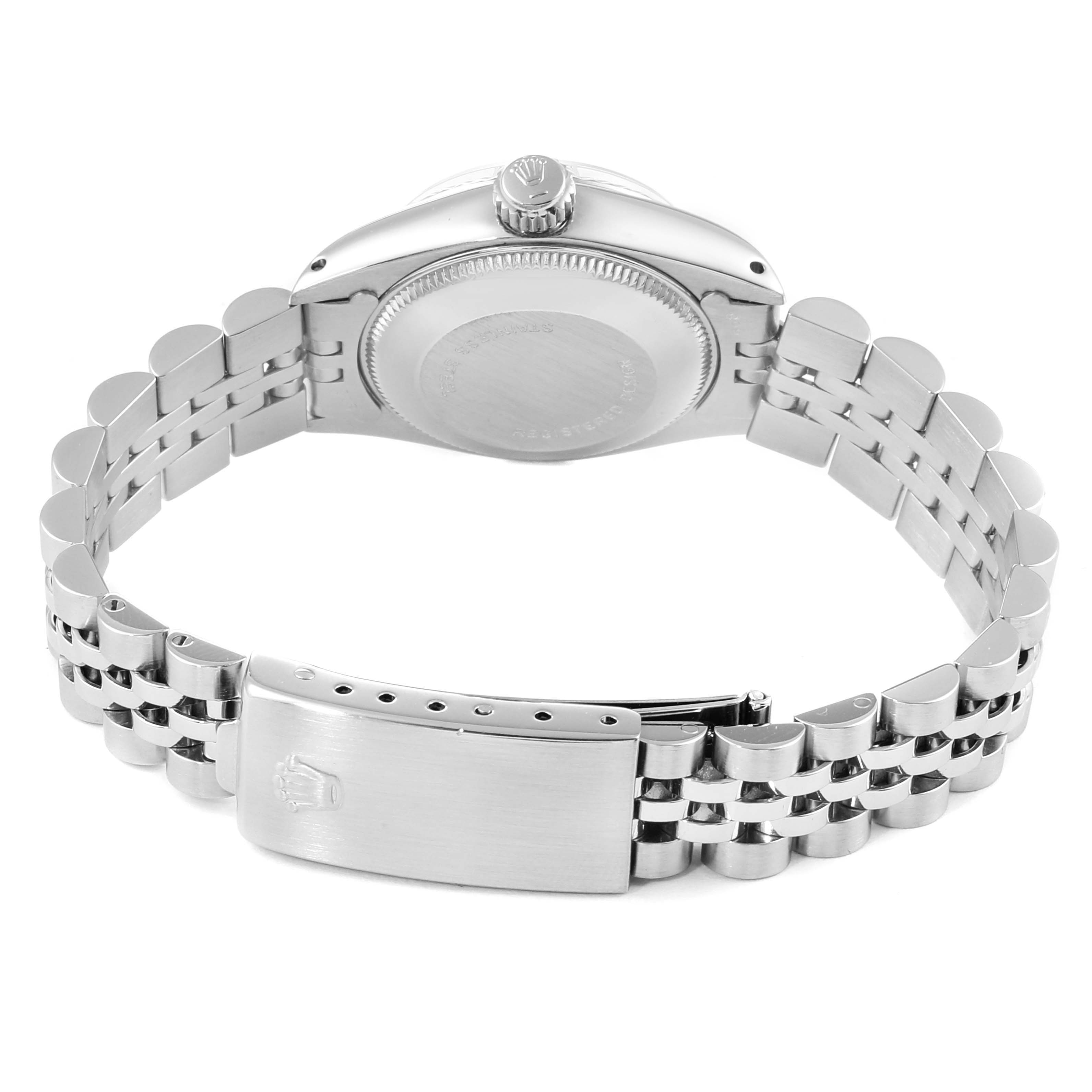 This image shows the back view of a Rolex Datejust 6917 Women's Stainless Steel Silver Dial 6917 Women's Stainless Steel Silver Dial watch, highlighting the clasp and part of the bracelet.