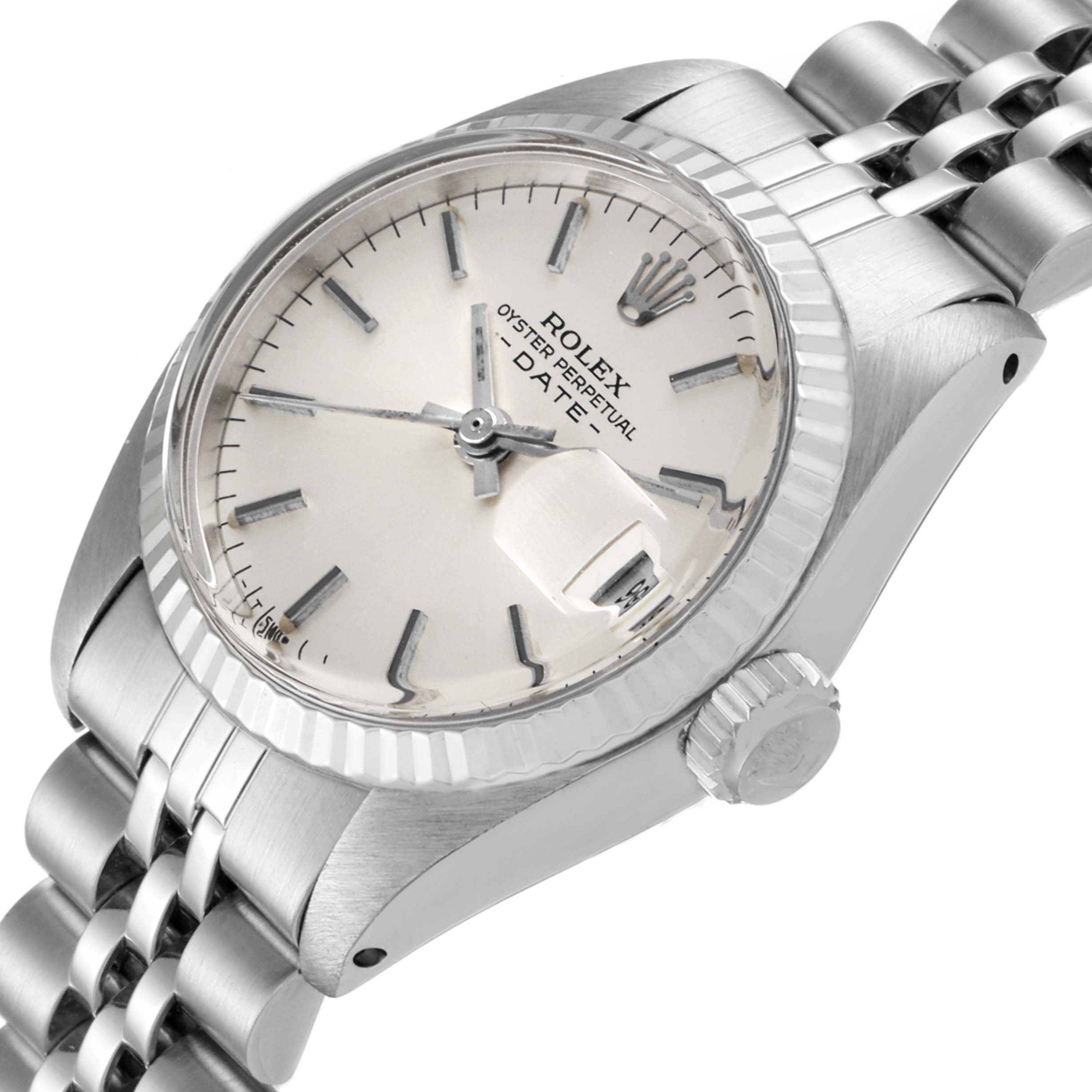 This image shows a close-up view of the Rolex Datejust 6917 Women's Stainless Steel Silver Dial 6917 Women's Stainless Steel Silver Dial model, focusing on the face, bezel, and part of the bracelet.