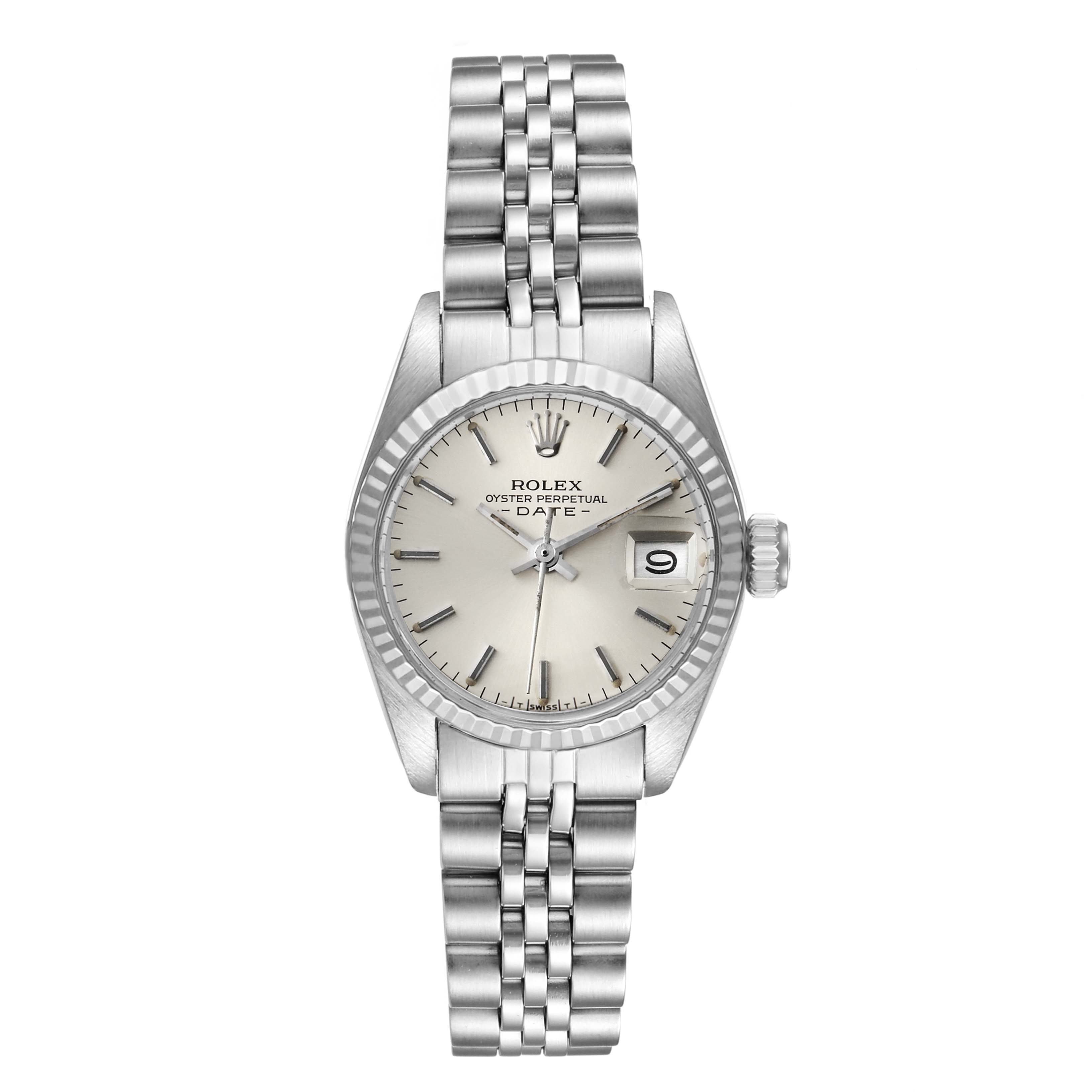The image shows a front view of a Rolex Datejust 6917 Women's Stainless Steel Silver Dial 6917 Women's Stainless Steel Silver Dial watch, highlighting its dial, bezel, and bracelet.