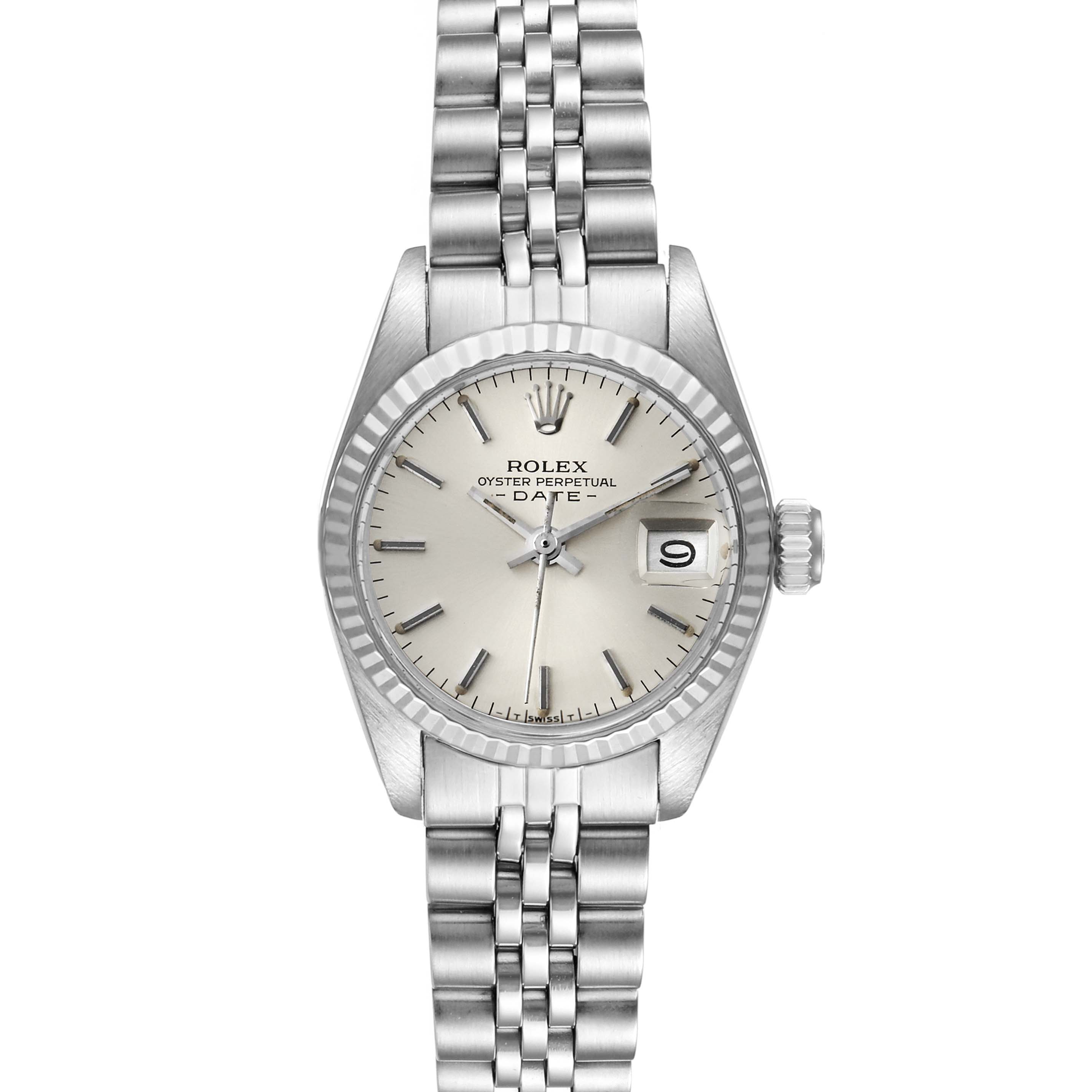 The image shows a front view of a Rolex Datejust 6917 Women's Stainless Steel Silver Dial 6917 Women's Stainless Steel Silver Dial watch, displaying its dial, bezel, crown, and bracelet.