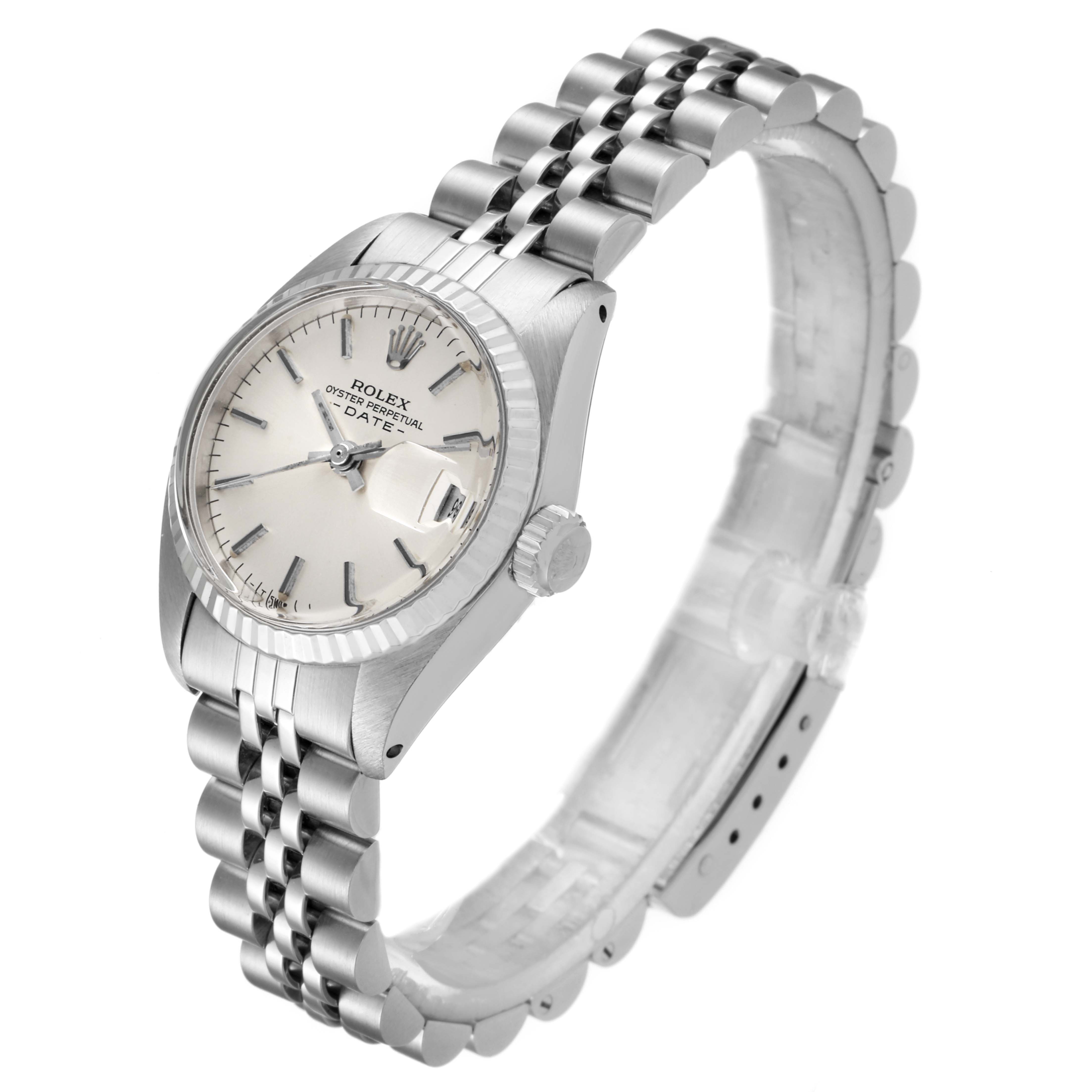 The image shows a Rolex Datejust 6917 Women's Stainless Steel Silver Dial 6917 Women's Stainless Steel Silver Dial watch from a side angle highlighting the dial, bezel, crown, and bracelet.