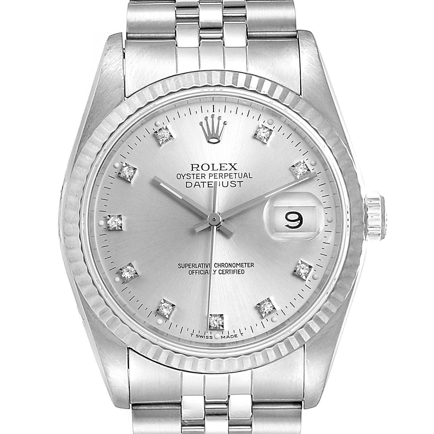 This image shows a front view of a Rolex Datejust 16234 Men's Stainless Steel Silver Dial 16234 Men's Stainless Steel Silver Dial watch, highlighting the face, bezel, crown, and part of the bracelet.