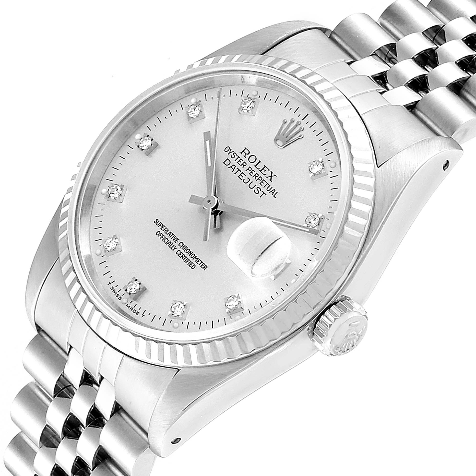 The image shows a Rolex Datejust 16234 Men's Stainless Steel Silver Dial 16234 Men's Stainless Steel Silver Dial watch at a slight angle, highlighting the dial, bezel, and bracelet.