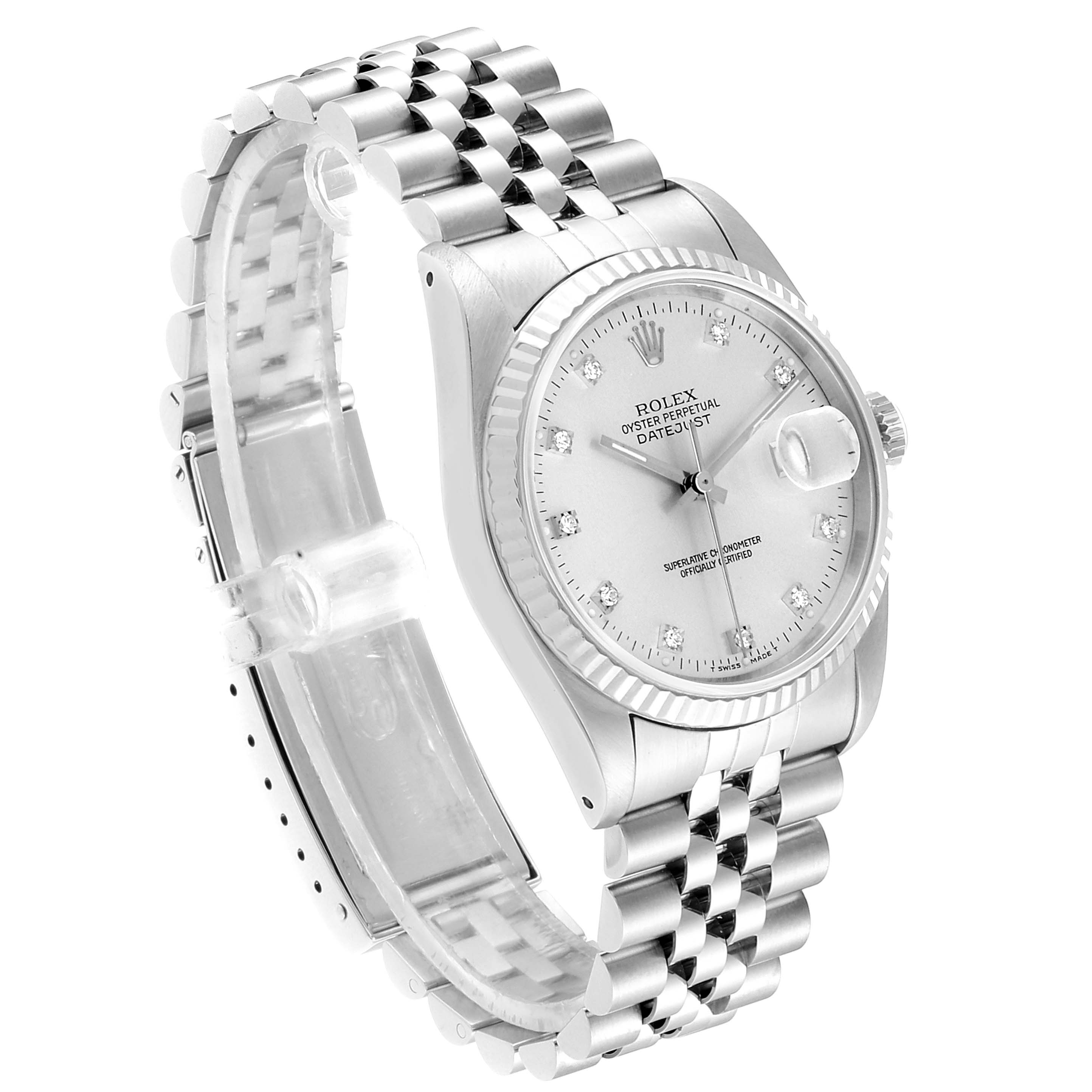 The image shows the front and right side of a Rolex Datejust 16234 Men's Stainless Steel Silver Dial 16234 Men's Stainless Steel Silver Dial watch, highlighting its face, bezel, and bracelet.