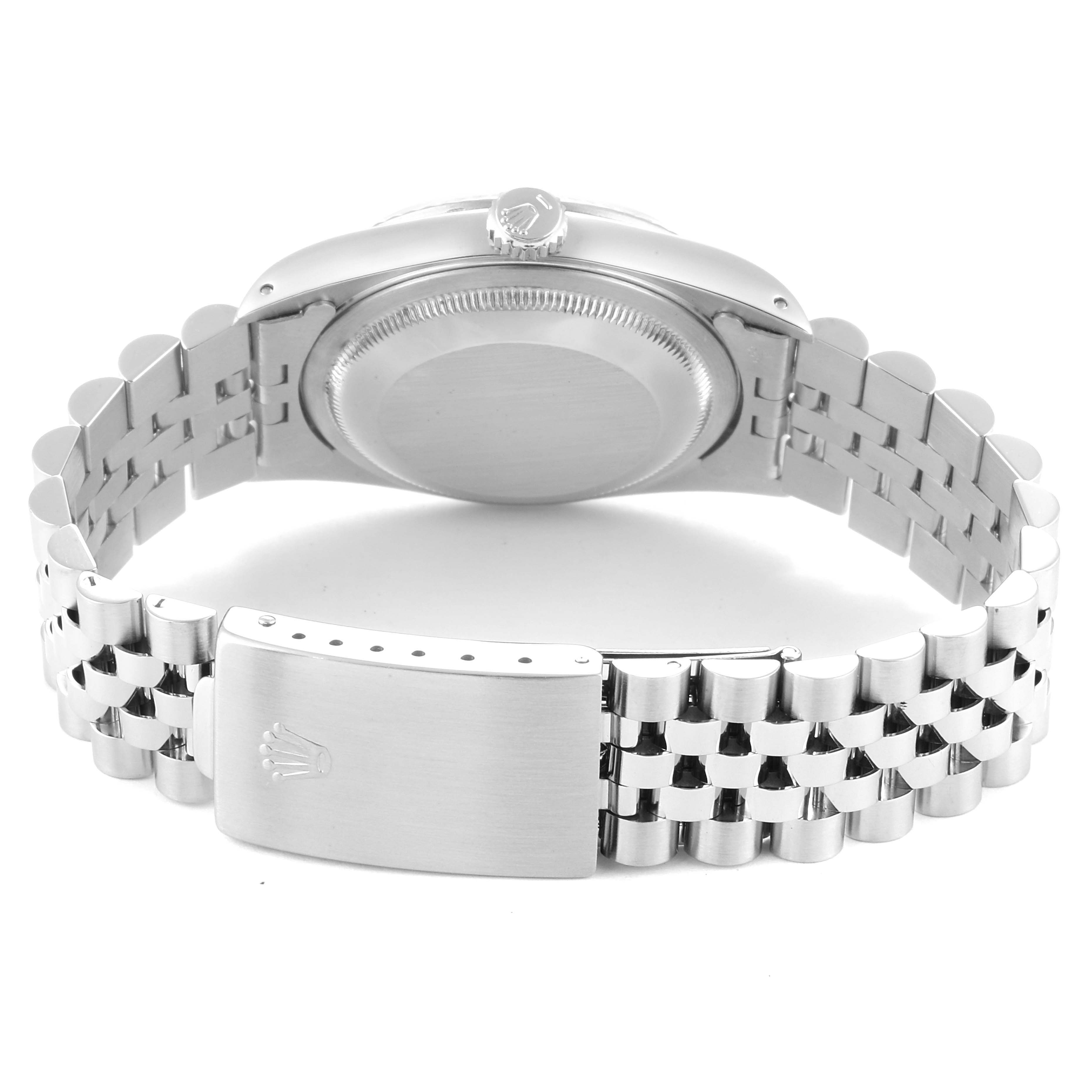 The image shows the back and clasp of a Rolex Datejust 16234 Men's Stainless Steel Silver Dial 16234 Men's Stainless Steel Silver Dial watch, highlighting the bracelet and case back.