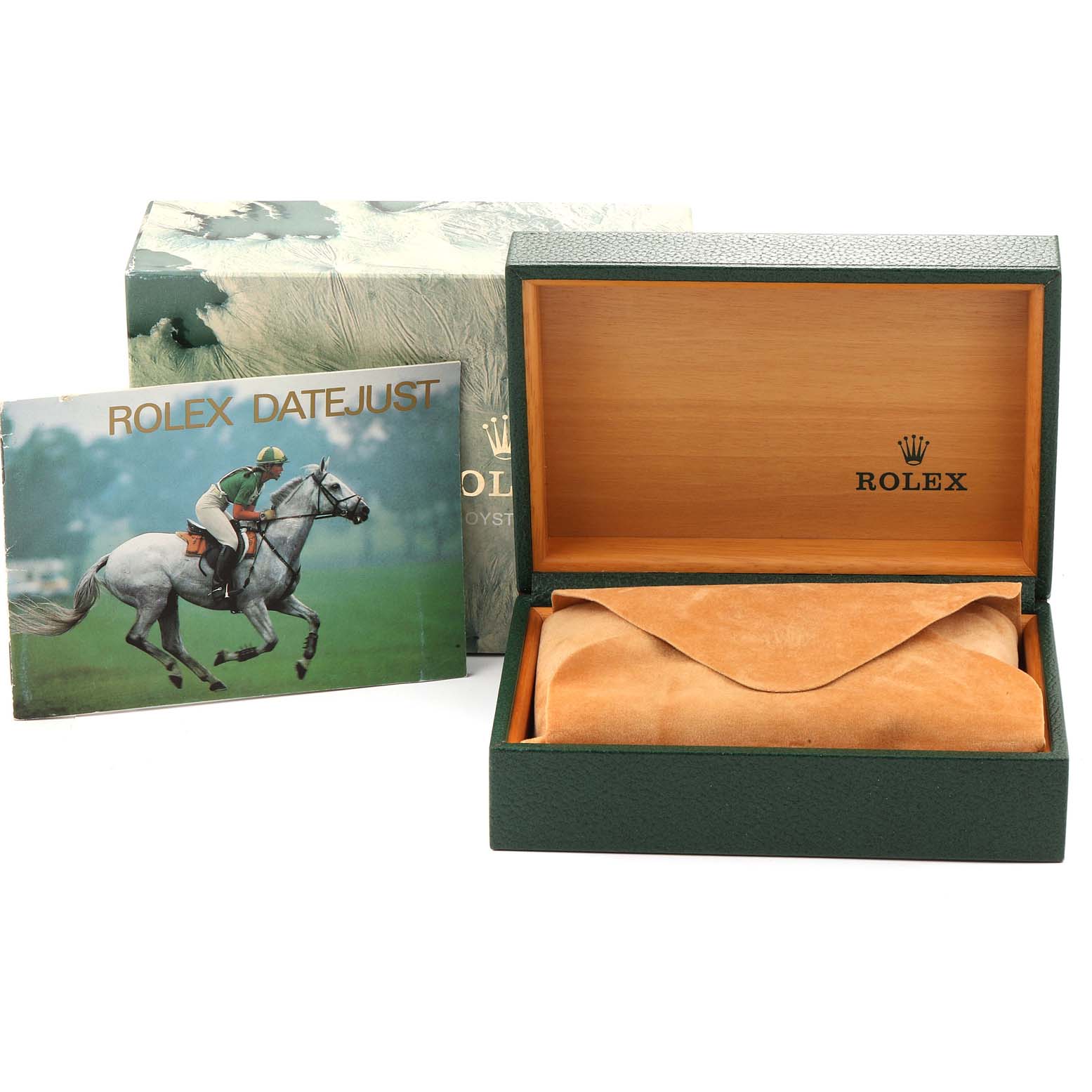 This image shows a Rolex Datejust 16234 Men's Stainless Steel Silver Dial 16234 Men's Stainless Steel Silver Dial watch box, instruction manual, and outer packaging at a front angle.