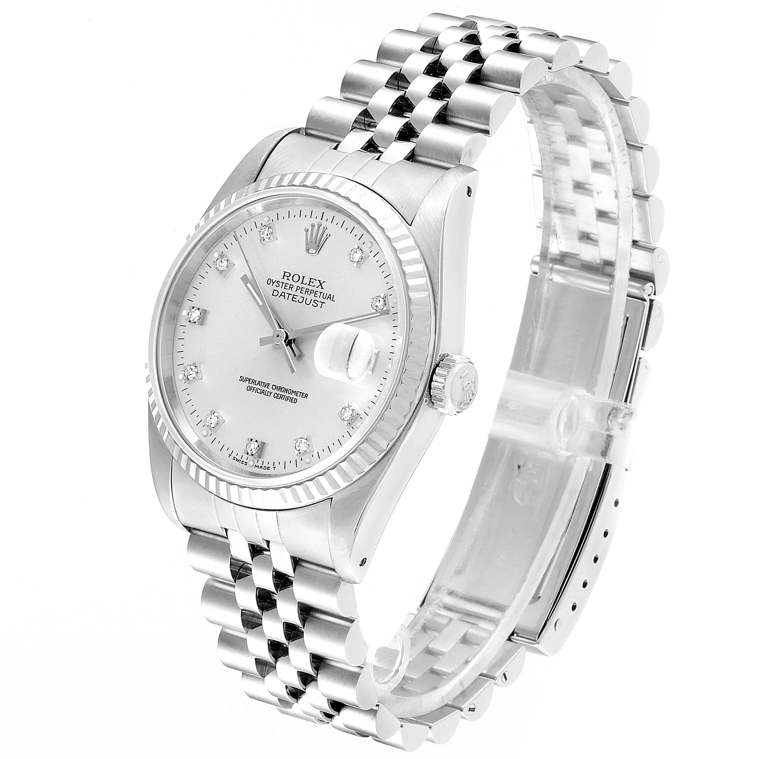 The image shows a Rolex Datejust 16234 Men's Stainless Steel Silver Dial 16234 Men's Stainless Steel Silver Dial watch at an angle highlighting the face, bezel, crown, and bracelet.