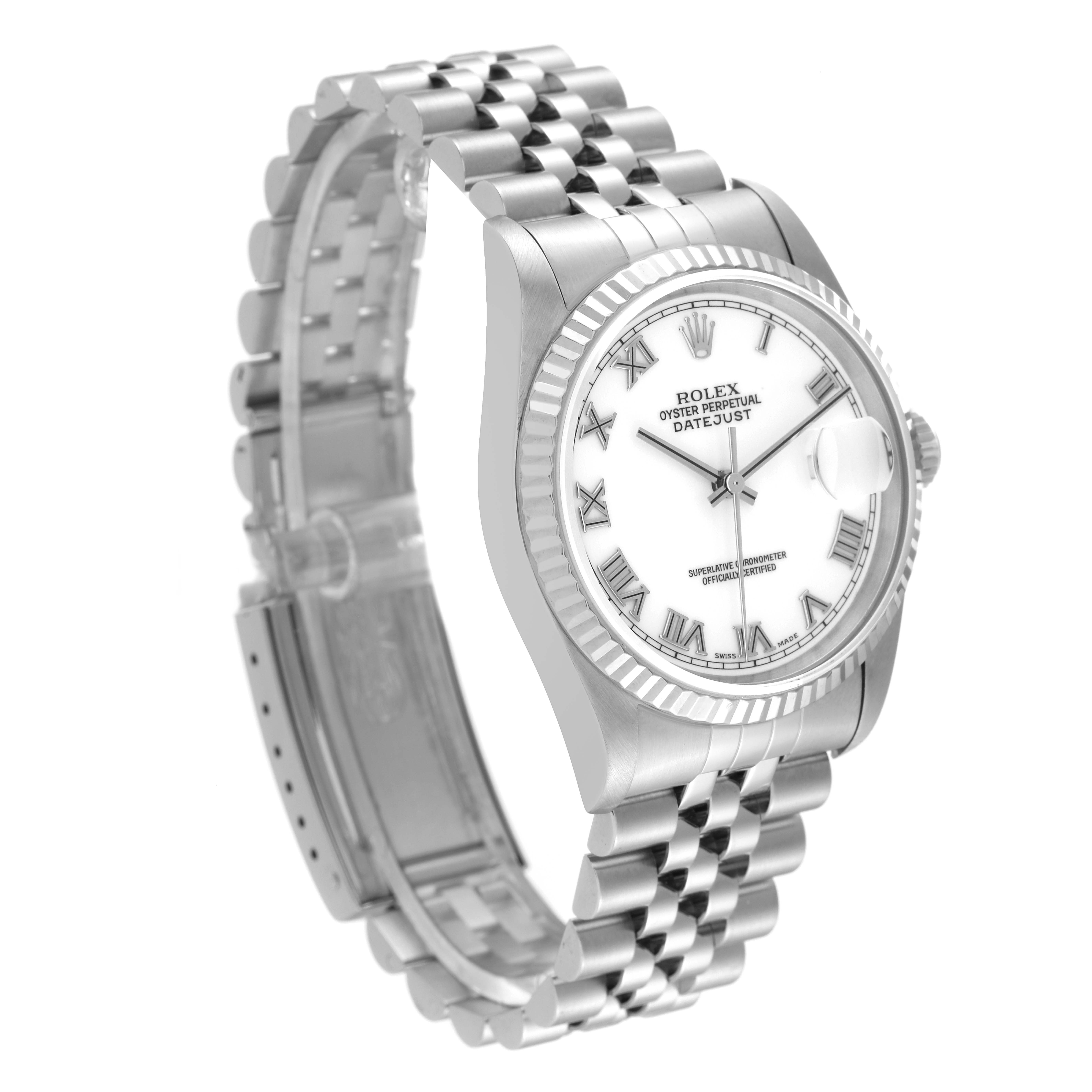 The Rolex Datejust 16234 Men's Stainless Steel White Dial 16234 Men's Stainless Steel White Dial watch is shown at an angle displaying the face, crown, case, and bracelet.