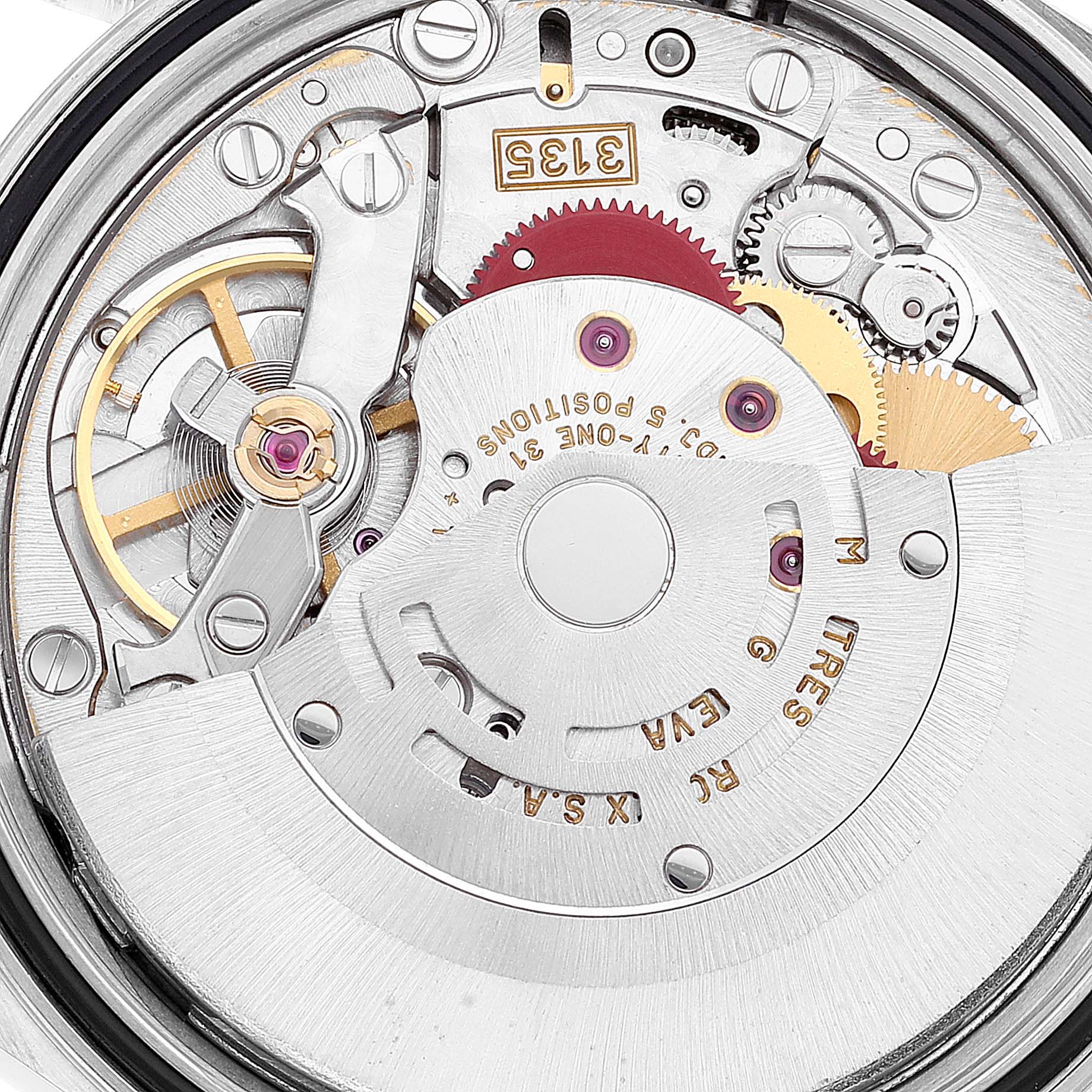 Close-up view of the movement and internal components of the Rolex Datejust 16234 Men's Stainless Steel White Dial 16234 Men's Stainless Steel White Dial watch.