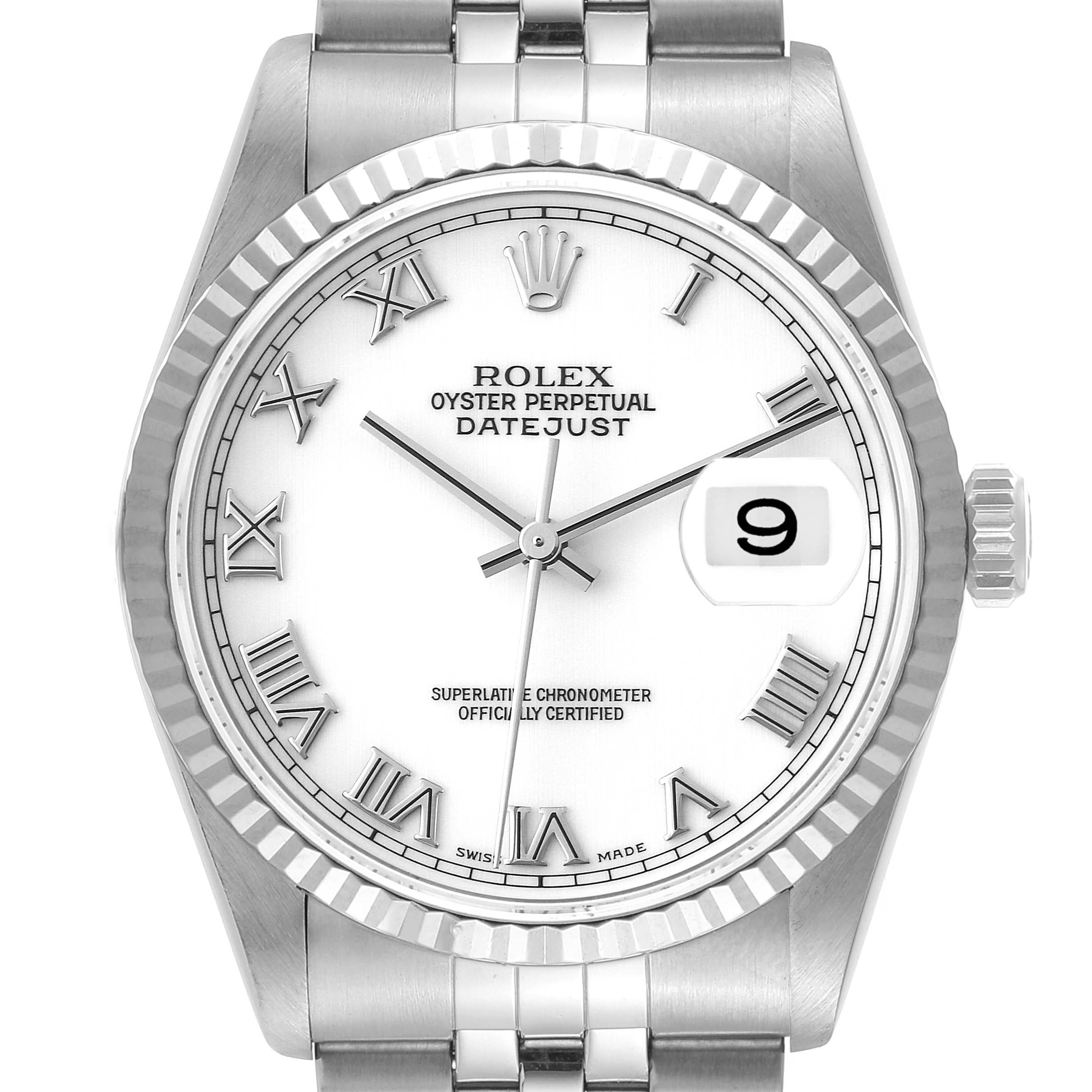 The image shows a frontal view of a Rolex Datejust 16234 Men's Stainless Steel White Dial 16234 Men's Stainless Steel White Dial watch with a white dial, Roman numerals, and a fluted bezel.