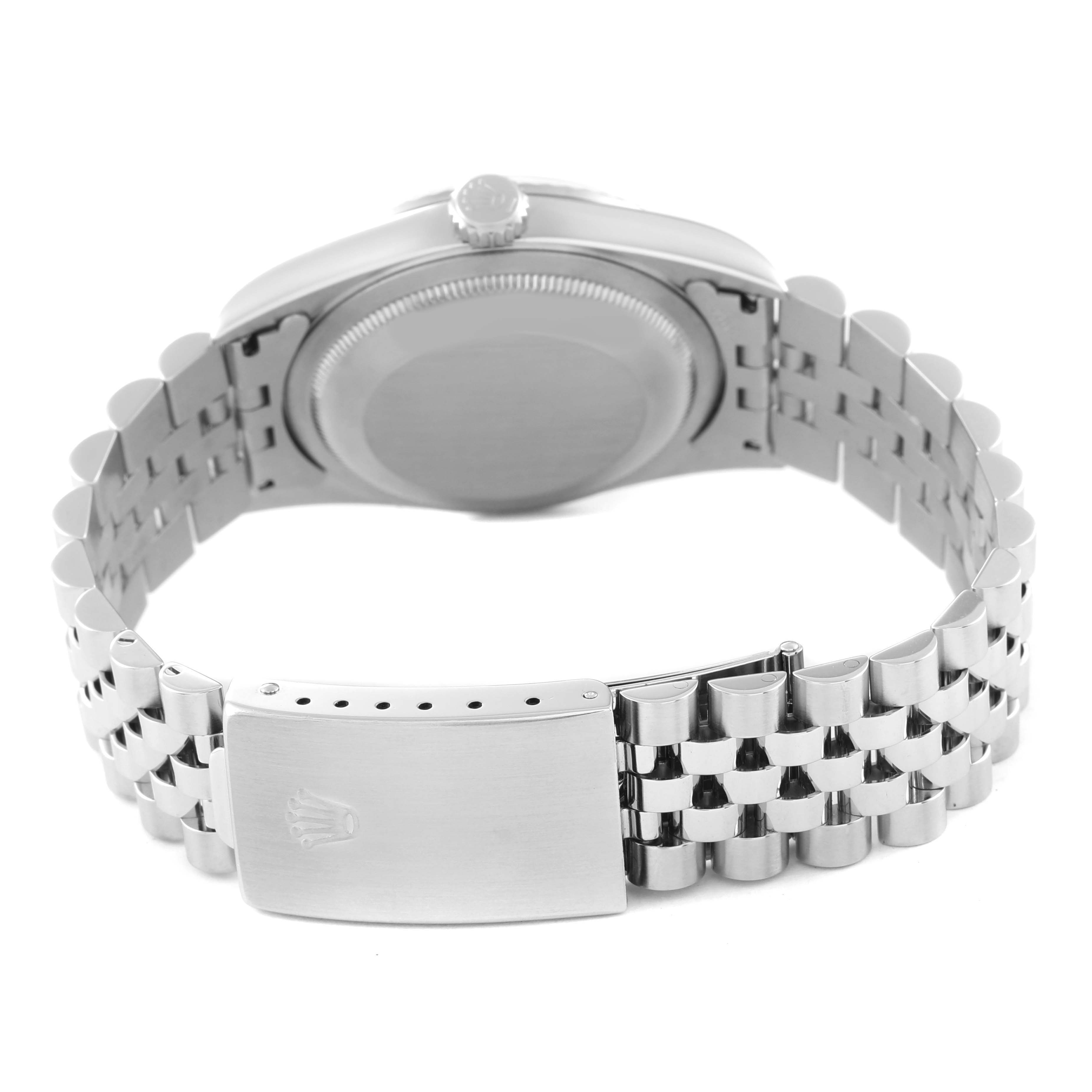 The image shows the back view of a Rolex Datejust 16234 Men's Stainless Steel White Dial 16234 Men's Stainless Steel White Dial watch, highlighting the case back, crown, and Jubilee bracelet with clasp.