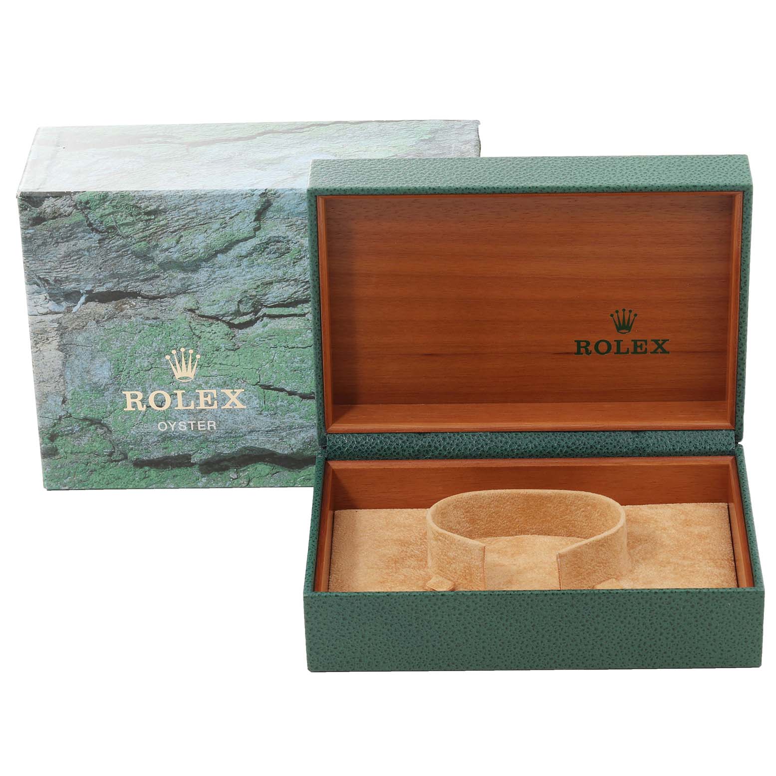 The image shows a Rolex Datejust 16234 Men's Stainless Steel White Dial 16234 Men's Stainless Steel White Dial watch box and its outer protective case, both open to display the interior.