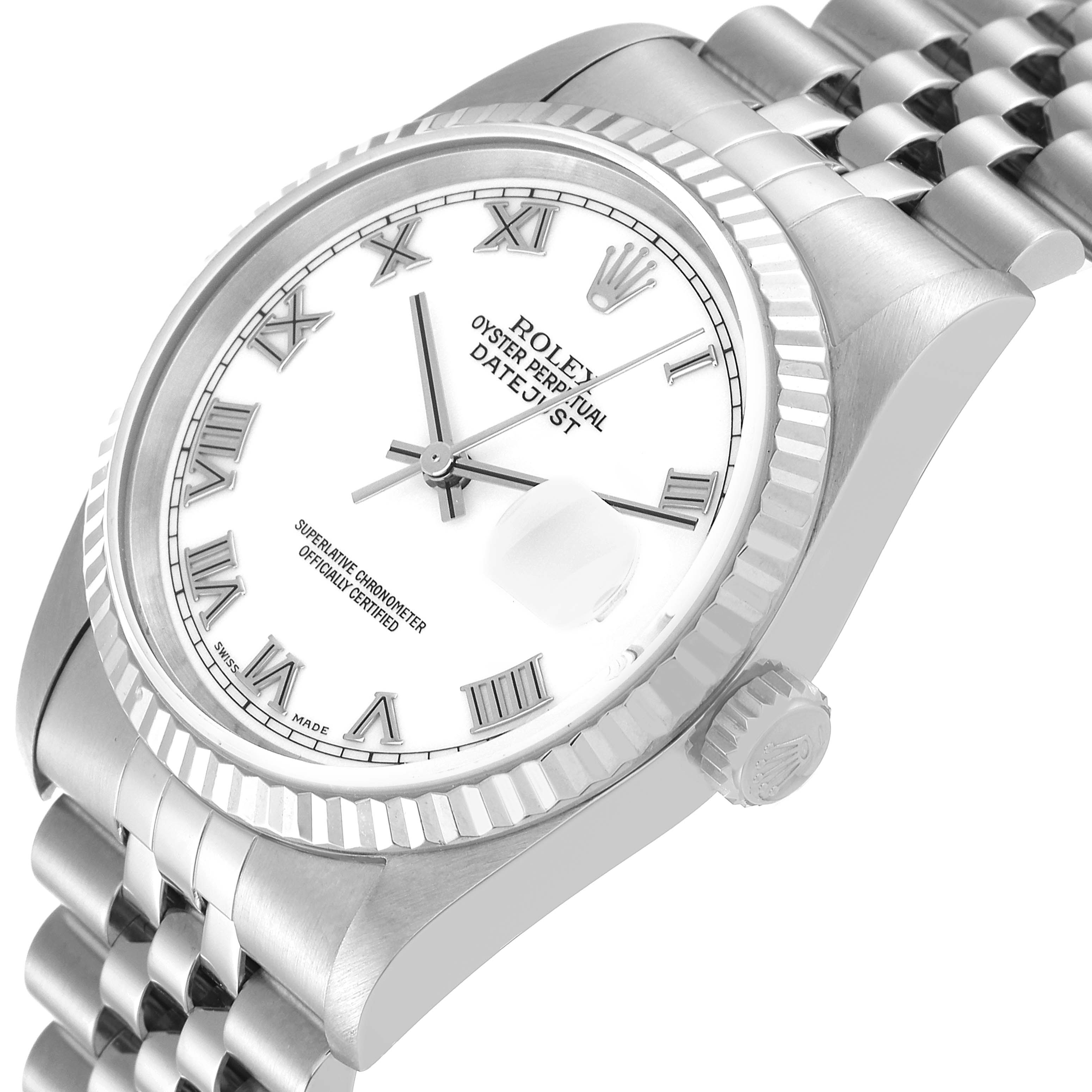 This image shows a side angle of a Rolex Datejust 16234 Men's Stainless Steel White Dial 16234 Men's Stainless Steel White Dial watch, highlighting the bezel, crown, dial, and part of the bracelet.