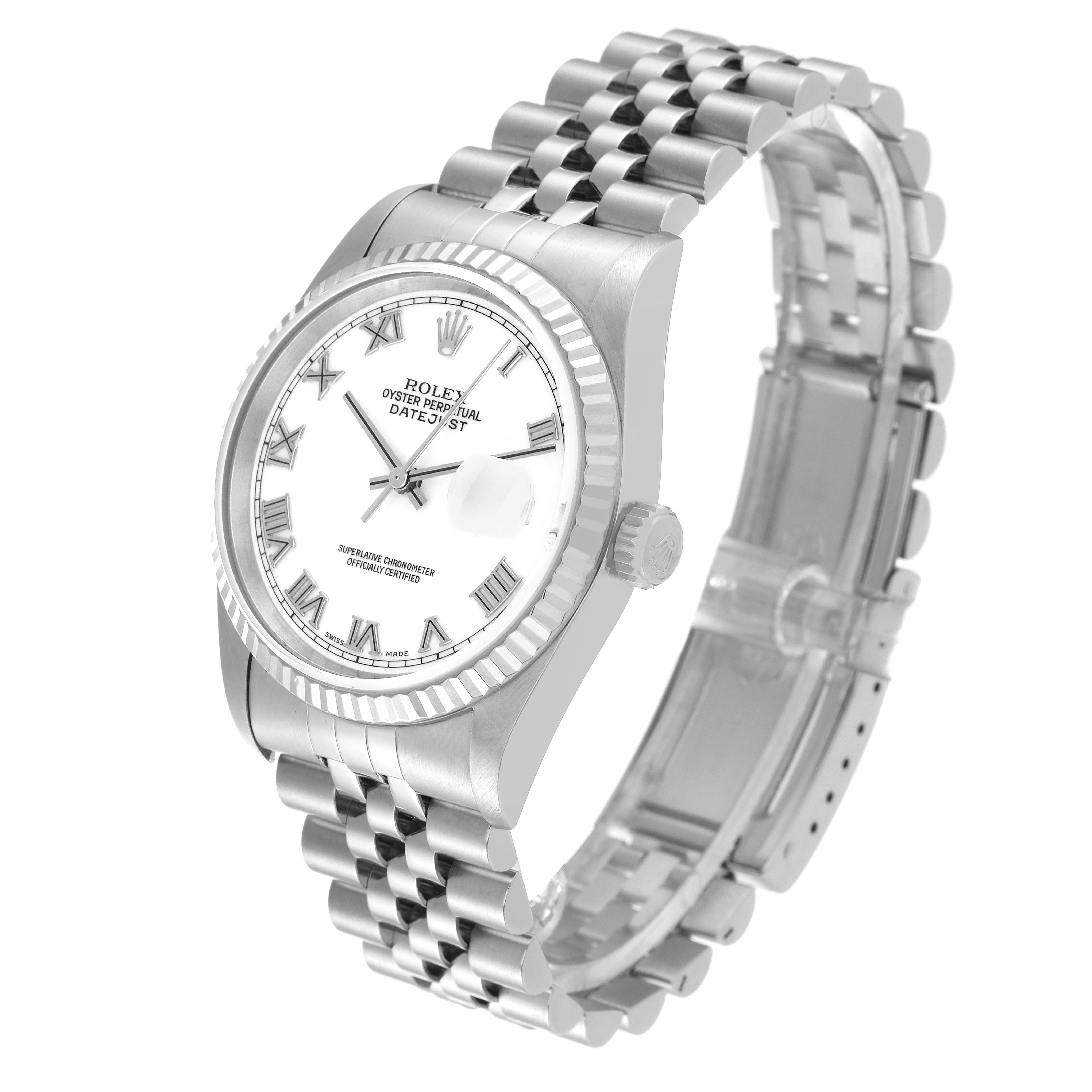The image shows a Rolex Datejust 16234 Men's Stainless Steel White Dial 16234 Men's Stainless Steel White Dial watch at a three-quarter angle, highlighting its dial, bezel, and bracelet.