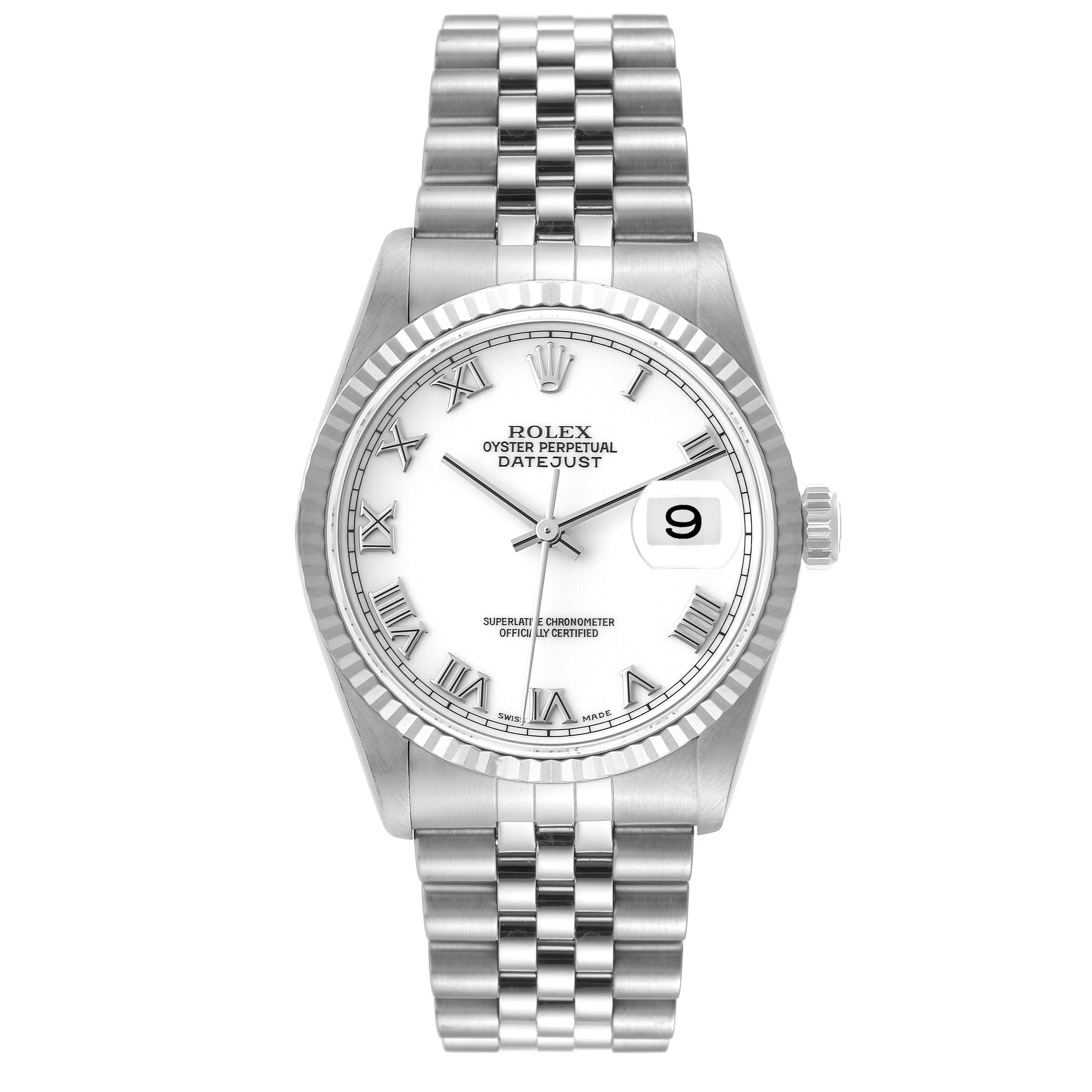 This is a front view of a Rolex Datejust 16234 Men's Stainless Steel White Dial 16234 Men's Stainless Steel White Dial watch, showing the face, dial, bezel, crown, and bracelet.