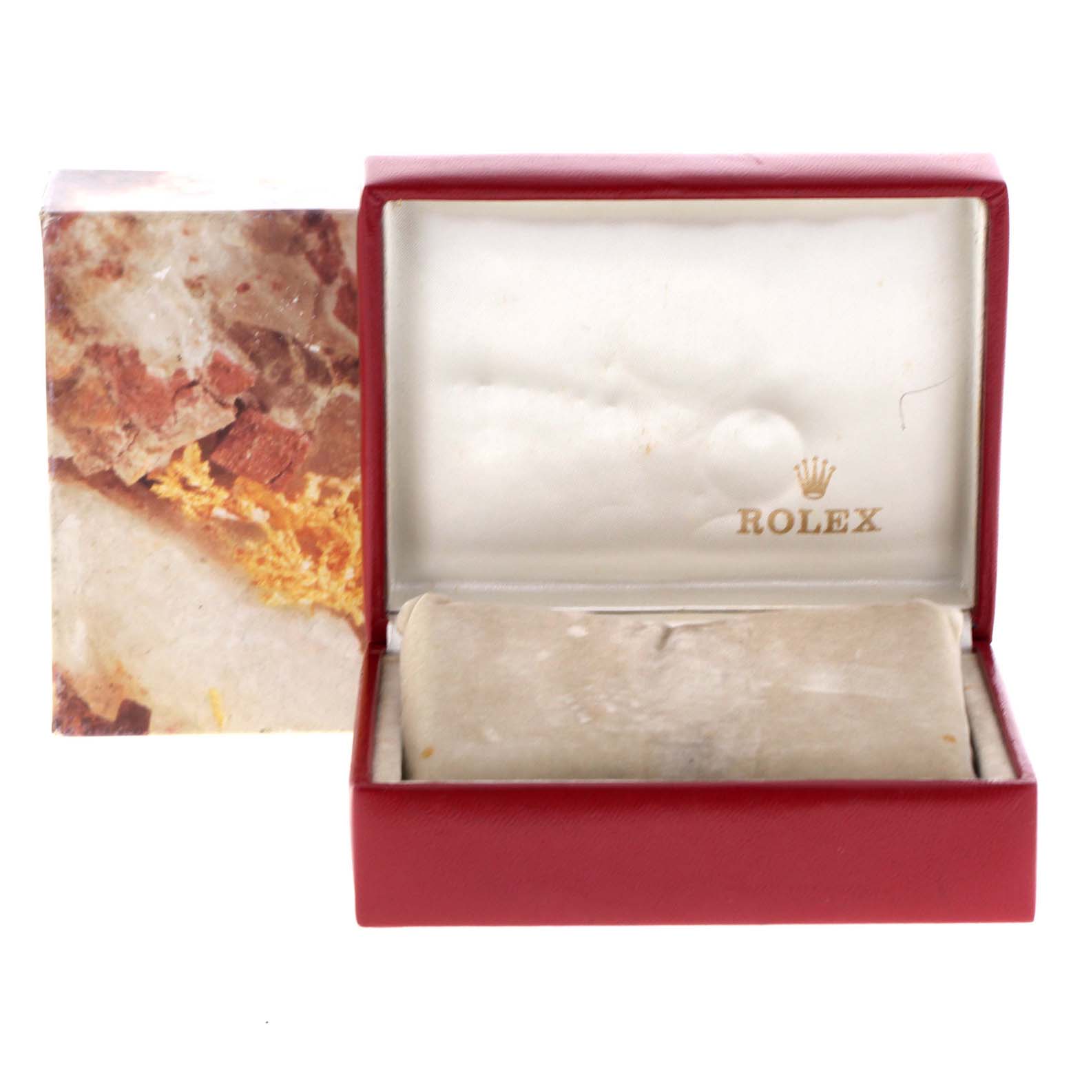 The image shows an open box for a Rolex Datejust 69173 Women's Steel and Gold (two tone) Blue Dial 69173 Women's Steel and Gold (two tone) Blue Dial watch, showcasing the brand's logo inside the lid.