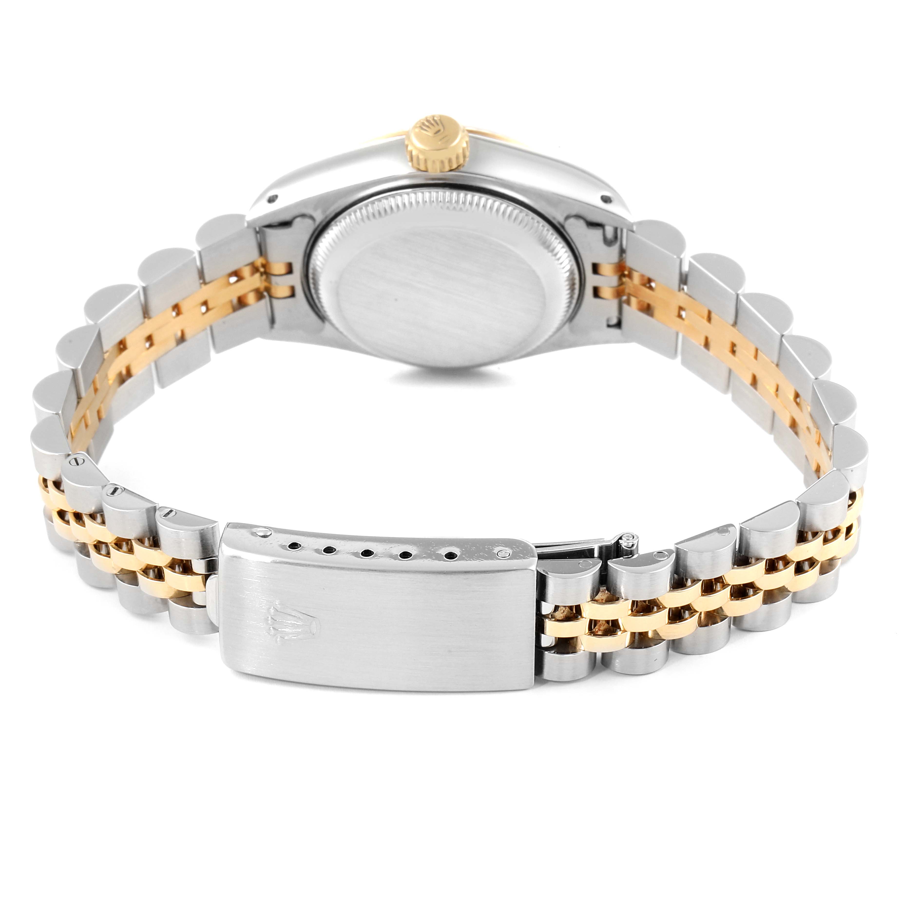 The image shows the back of a Rolex Datejust 69173 Women's Steel and Gold (two tone) Blue Dial 69173 Women's Steel and Gold (two tone) Blue Dial watch, highlighting its case, crown, and two-tone bracelet with clasp.