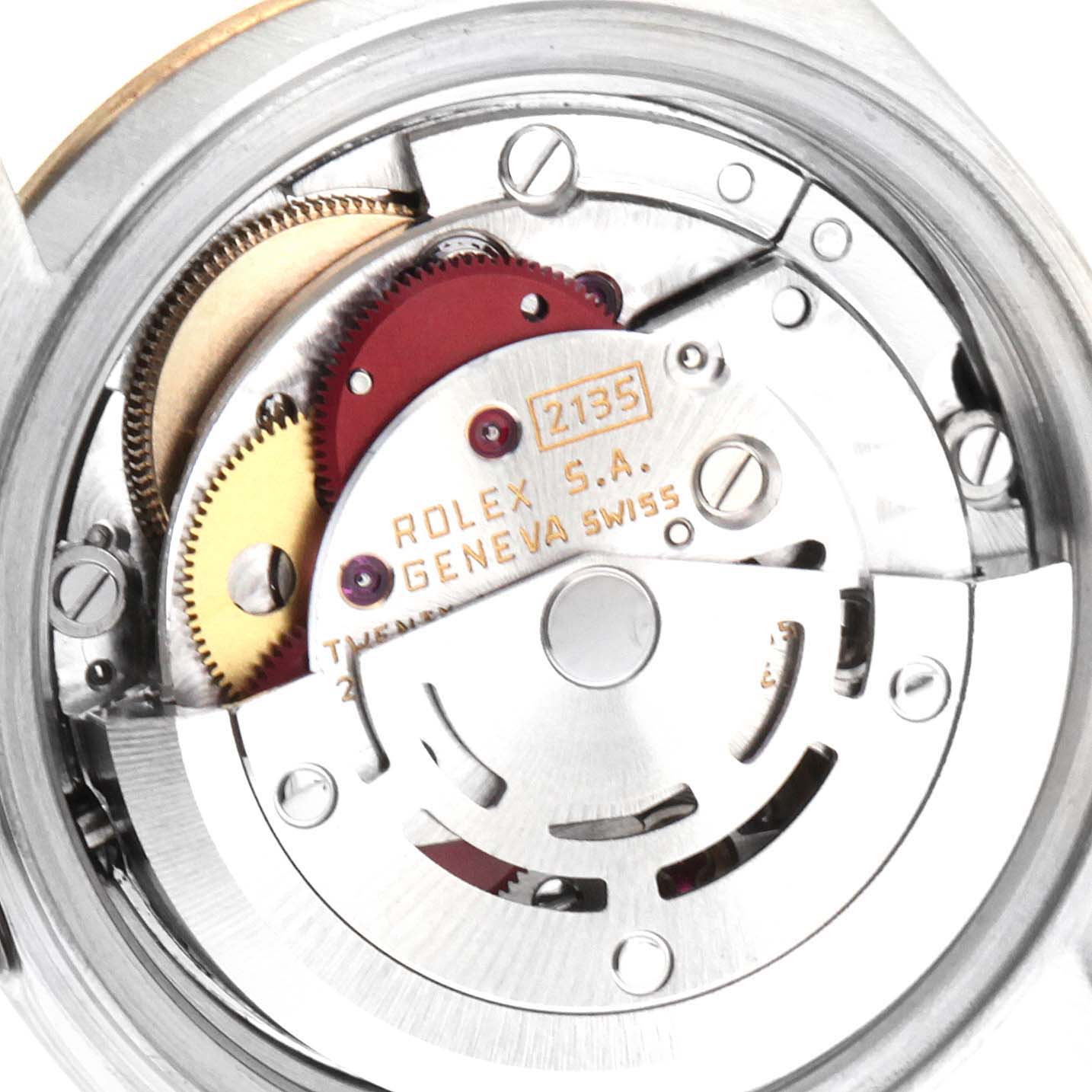 This is an internal view of the Rolex Datejust 69173 Women's Steel and Gold (two tone) Blue Dial 69173 Women's Steel and Gold (two tone) Blue Dial watch, showing the movement and internal components.