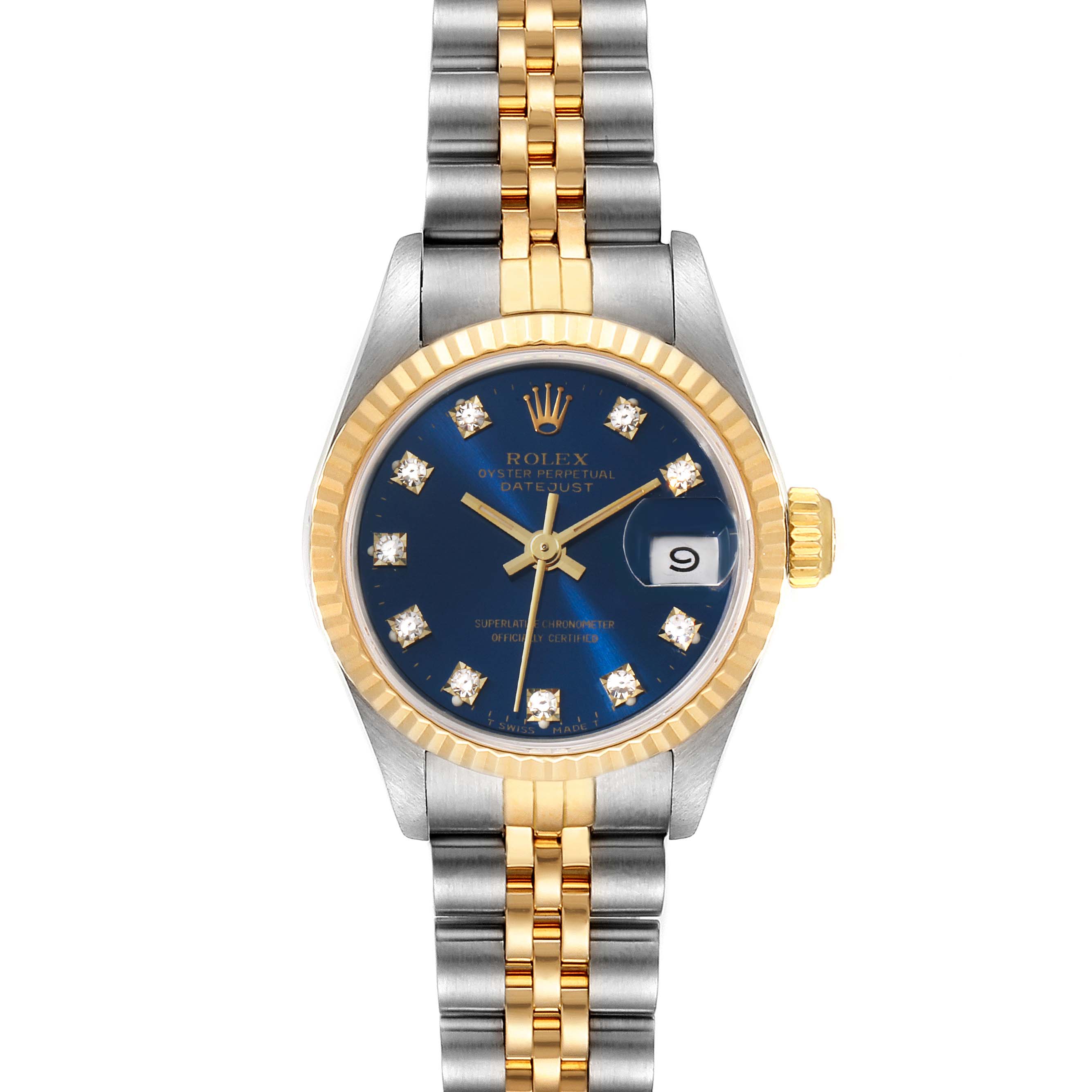 The image shows a front view of the Rolex Datejust 69173 Women's Steel and Gold (two tone) Blue Dial 69173 Women's Steel and Gold (two tone) Blue Dial watch, highlighting the two-tone bracelet, blue dial, and date window.
