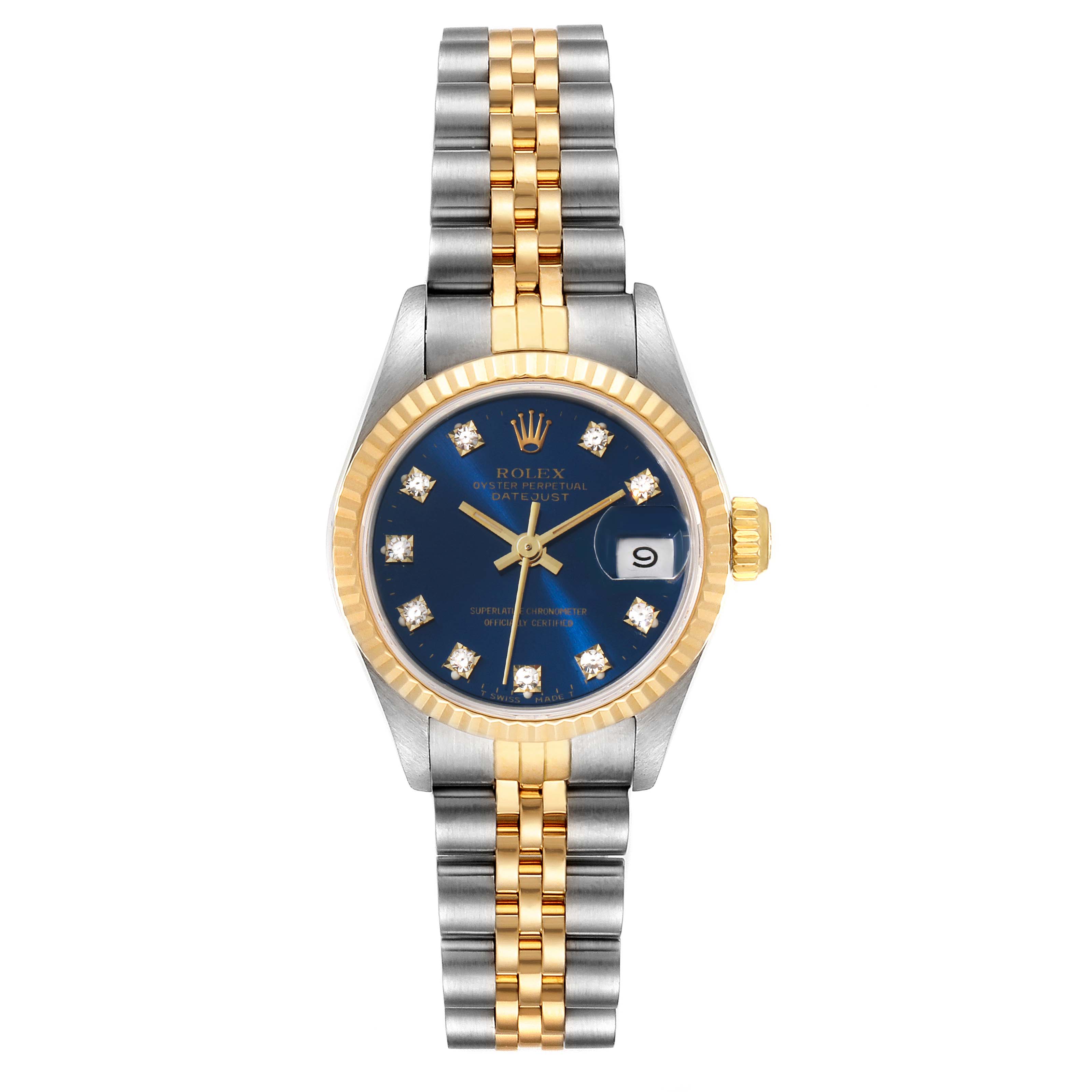 The image shows a Rolex Datejust 69173 Women's Steel and Gold (two tone) Blue Dial 69173 Women's Steel and Gold (two tone) Blue Dial watch from a top-down angle, highlighting its face, bezel, and two-tone metal bracelet.