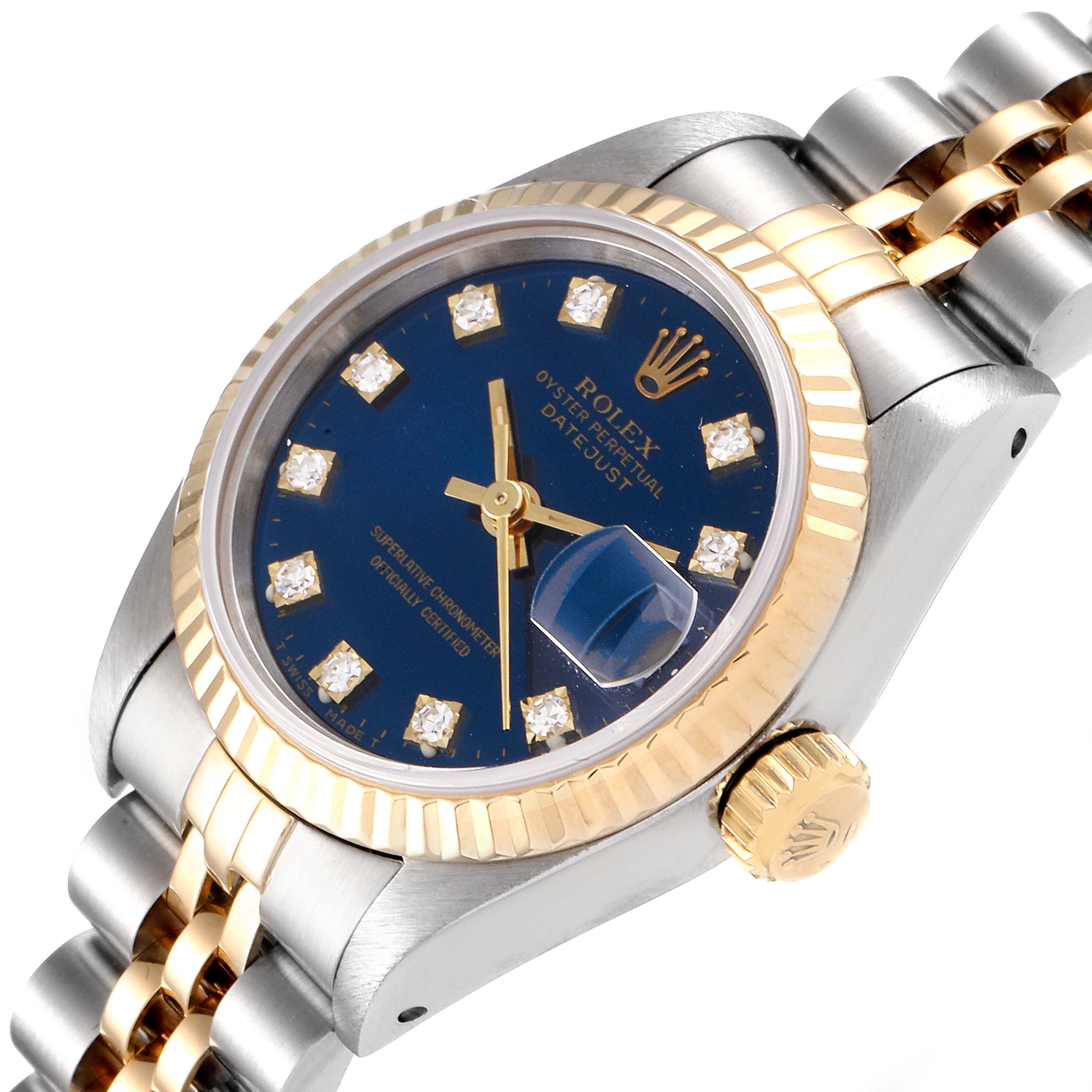 The image shows a Rolex Datejust 69173 Women's Steel and Gold (two tone) Blue Dial 69173 Women's Steel and Gold (two tone) Blue Dial watch at a diagonal angle, highlighting its blue dial, gold fluted bezel, crown, and two-tone bracelet.